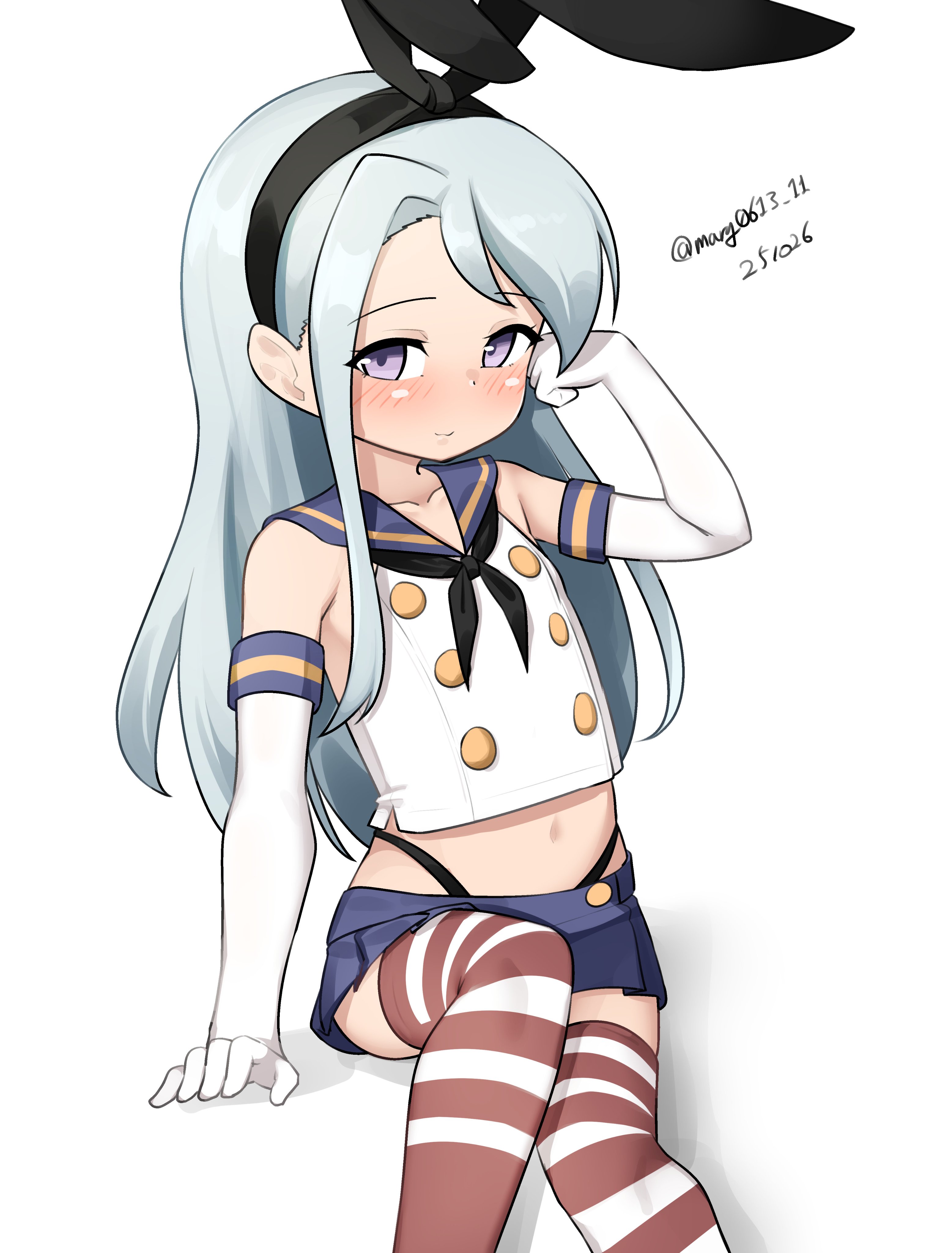 maru (marg0613), sagiri (kancolle), shimakaze (kancolle), kantai collection, absurdres, highres, 1girl, black hairband, black neckerchief, black panties, blue sailor collar, blue skirt, cosplay, crop top, dated, elbow gloves, gloves, grey eyes, grey hair, hairband, highleg, highleg panties, microskirt, miniskirt, neckerchief, one-hour drawing challenge, panties, pleated skirt, sailor collar, shimakaze (kancolle) (cosplay), shirt, simple background, sitting, skirt, sleeveless, sleeveless shirt, smile, solo, striped clothes, striped thighhighs, thighhighs, twitter username, underwear, white background, white gloves