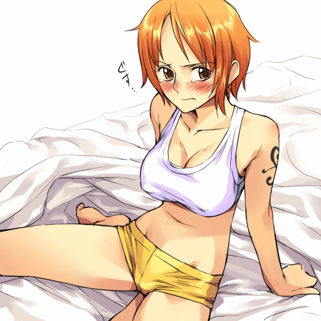 mosha, nami (one piece), one piece, 1girl, arm support, barefoot, bed, bed sheet, blush, breasts, brown eyes, cleavage, covered erect nipples, female focus, frown, kneeling, large breasts, micro shorts, midriff, orange hair, short hair, short shorts, shorts, solo, tank top, tattoo, tears