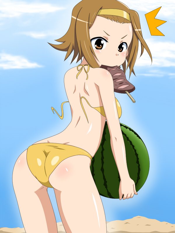 non (number), tainaka ritsu, k-on!, untied, 00s, 1girl, ^^^, ass, beach, bikini, brown eyes, brown hair, day, female focus, food, from behind, fruit, hairband, holding, holding food, holding fruit, holding watermelon, leaning forward, looking back, mouth hold, shish kebab, short hair, solo, swimsuit, tomboy, wardrobe malfunction, watermelon, yellow bikini