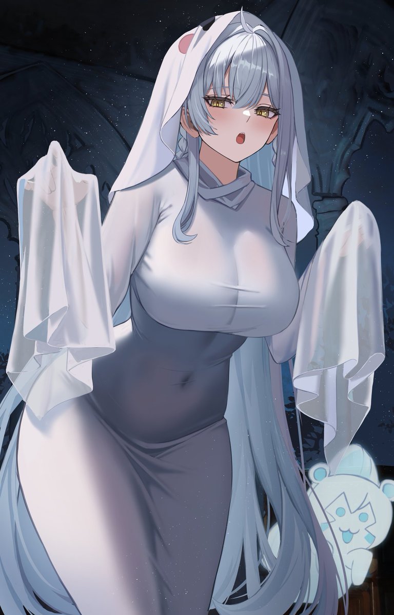 gaitoou, granhildr (brown dust), brown dust (series), brown dust 2, highres, 1girl, :o, blush, breasts, covered navel, ghost girl (niyeye2019), hands up, large breasts, long hair, looking at viewer, night, open mouth, sidelocks, sleeves past fingers, sleeves past wrists, solo, white hair, yellow eyes