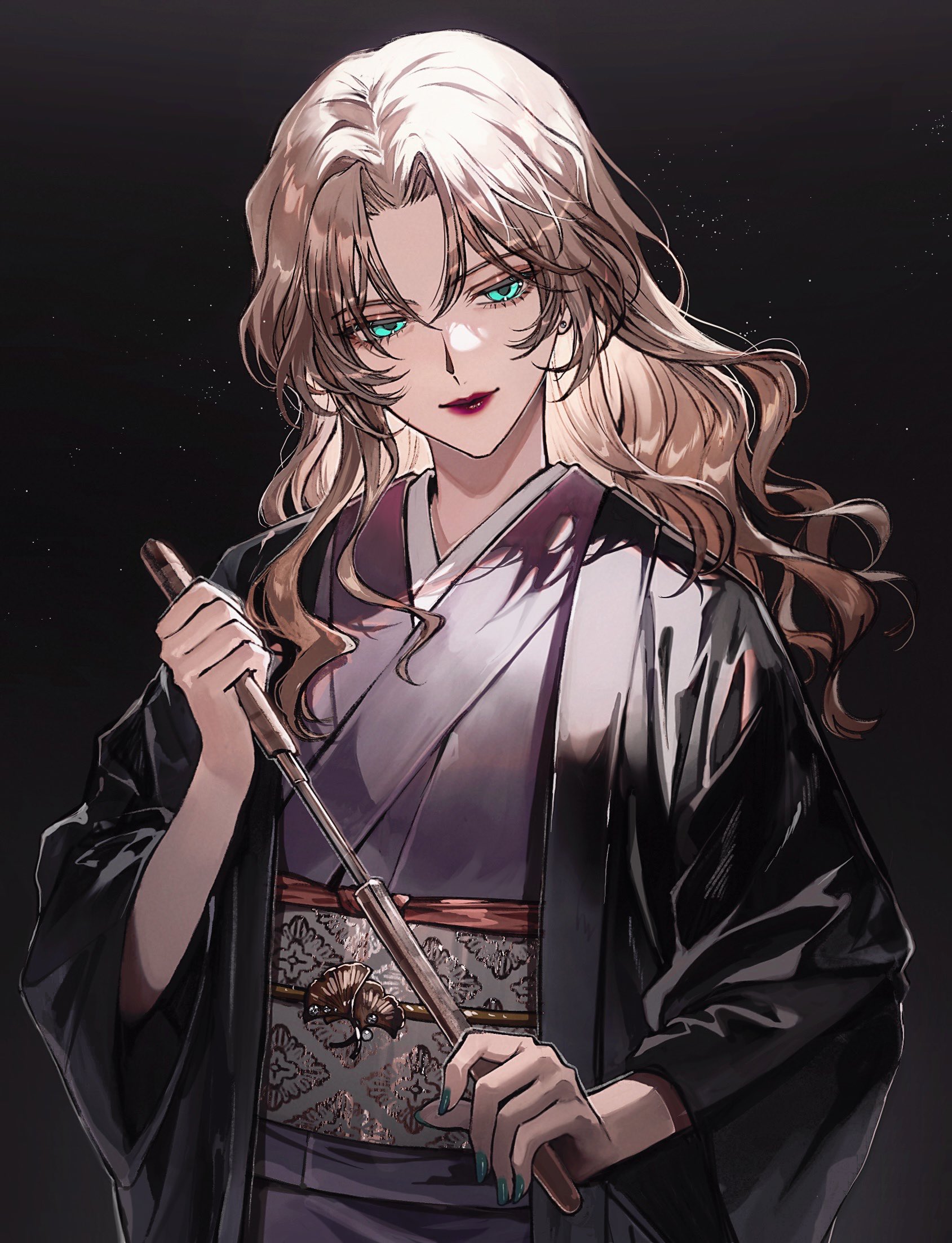 kuga huna, vermouth (meitantei conan), meitantei conan, commentary, highres, 1girl, aqua eyes, aqua nails, blonde hair, curtained hair, gradient background, japanese clothes, kimono, long hair, looking at viewer, nail polish, obi, obijime, parted bangs, red lips, sash, simple background, solo, upper body
