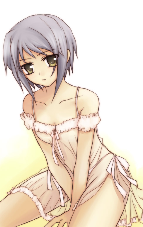 kazui, nagato yuki, suzumiya haruhi no yuuutsu, 00s, 1girl, female focus, lingerie, purple hair, see-through clothes, short hair, sitting, solo, underwear, yellow eyes