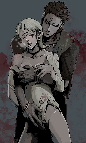 fiona belli, lorenzo, lorenzo belli, capcom, demento, lowres, 1boy, 1girl, blonde hair, blood, bottomless, bracelet, breasts, breath, choker, cowboy shot, earrings, grabbing another's breast, grandfather and granddaughter, groping, hetero, jewelry, looking at viewer, molestation, necklace, oekaki, off shoulder, one eye closed, shirt, short hair, smile, standing, tooth necklace, torn clothes, torn shirt