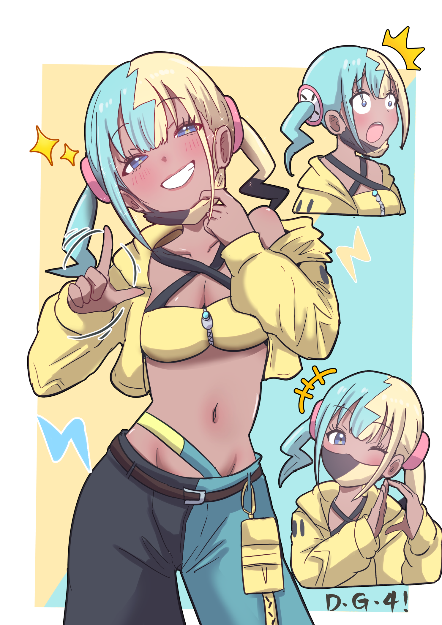 giorgio (yo sumire sola1), canari (pokemon), nintendo, pokemon, pokemon legends: z-a, highres, 1girl, :o, aqua hair, blonde hair, blue eyes, breasts, cleavage, cropped jacket, dark-skinned female, dark skin, grin, index finger raised, jacket, looking at viewer, mask, mask pull, medium breasts, midriff, multicolored hair, multiple views, navel, one eye closed, open mouth, pants, smile, split-color hair, stomach, twintails, two-tone hair, two-tone pants, yellow jacket