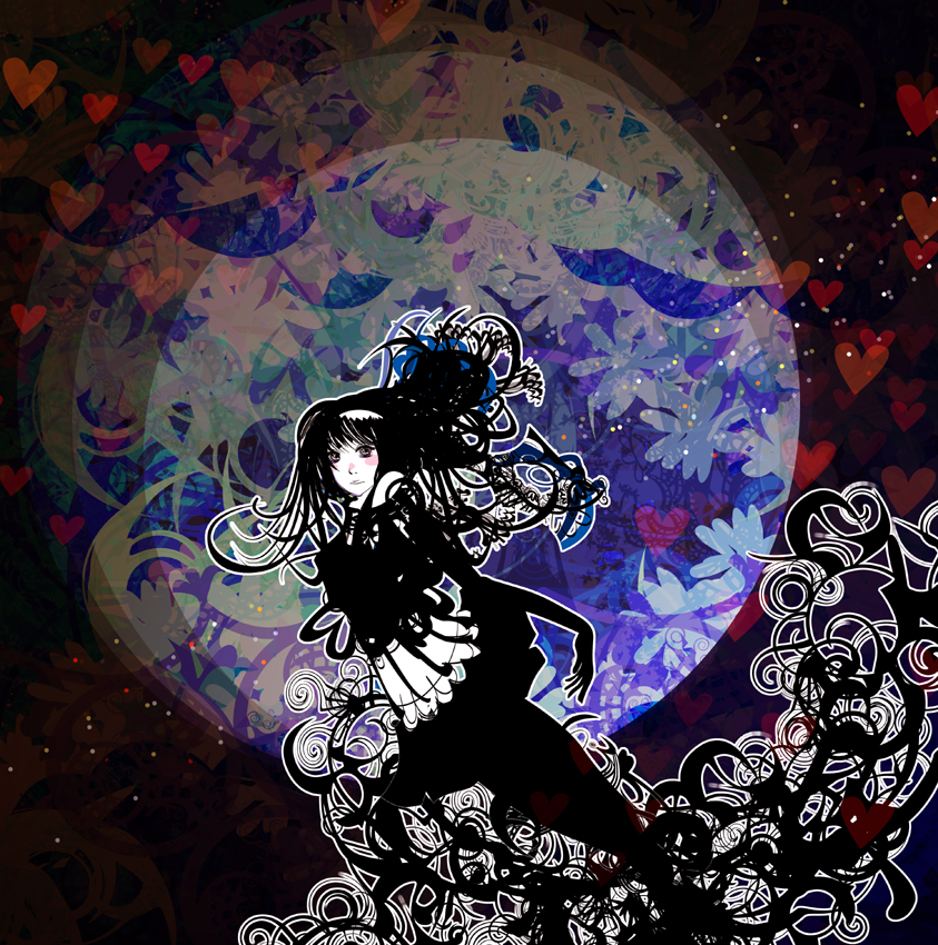 kazaana, original, abstract, black hair, brown eyes, dark, dress, full moon, heart, long hair, moon, psychedelic, solo