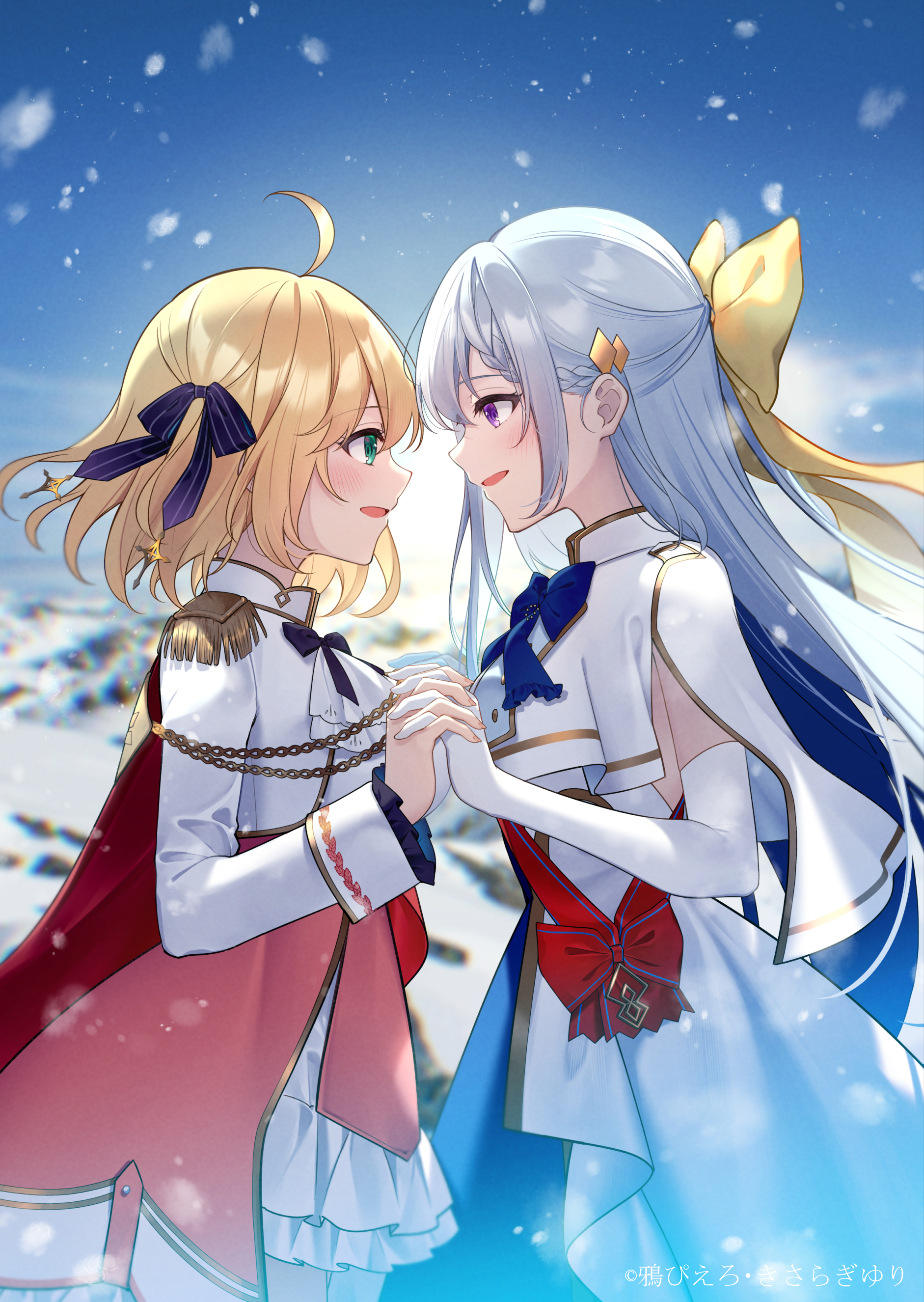kisaragi yuri, anisphia wynn palettia, euphyllia magenta, tensei oujo to tensai reijou no mahou kakumei, absurdres, commentary request, highres, official art, 2girls, ahoge, artist name, black bow, black bowtie, black ribbon, blonde hair, blue bow, blue bowtie, blue skirt, bow, bowtie, cape, capelet, dress, elbow gloves, epaulettes, eye contact, gloves, green eyes, grey hair, hair ribbon, holding hands, interlocked fingers, jacket, long hair, looking at another, medium hair, multiple girls, open mouth, outdoors, petticoat, pink skirt, purple eyes, red cape, ribbon, skirt, smile, snowing, white capelet, white dress, white gloves, white jacket, yellow ribbon, yuri