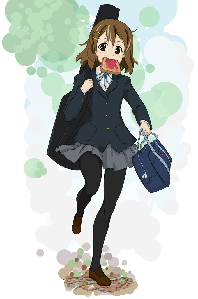 takahashi ren, hirasawa yui, k-on!, 00s, 1girl, bag, black pantyhose, blazer, bob cut, bread, bread slice, brown hair, brown shoes, female focus, food, food in mouth, full body, guitar case, hair ornament, hairclip, holding, holding bag, instrument case, jacket, legs, loafers, miniskirt, mouth hold, pantyhose, pleated skirt, ribbon, school uniform, shoes, short hair, sidelocks, skirt, solo, standing, toast, toast in mouth, walking
