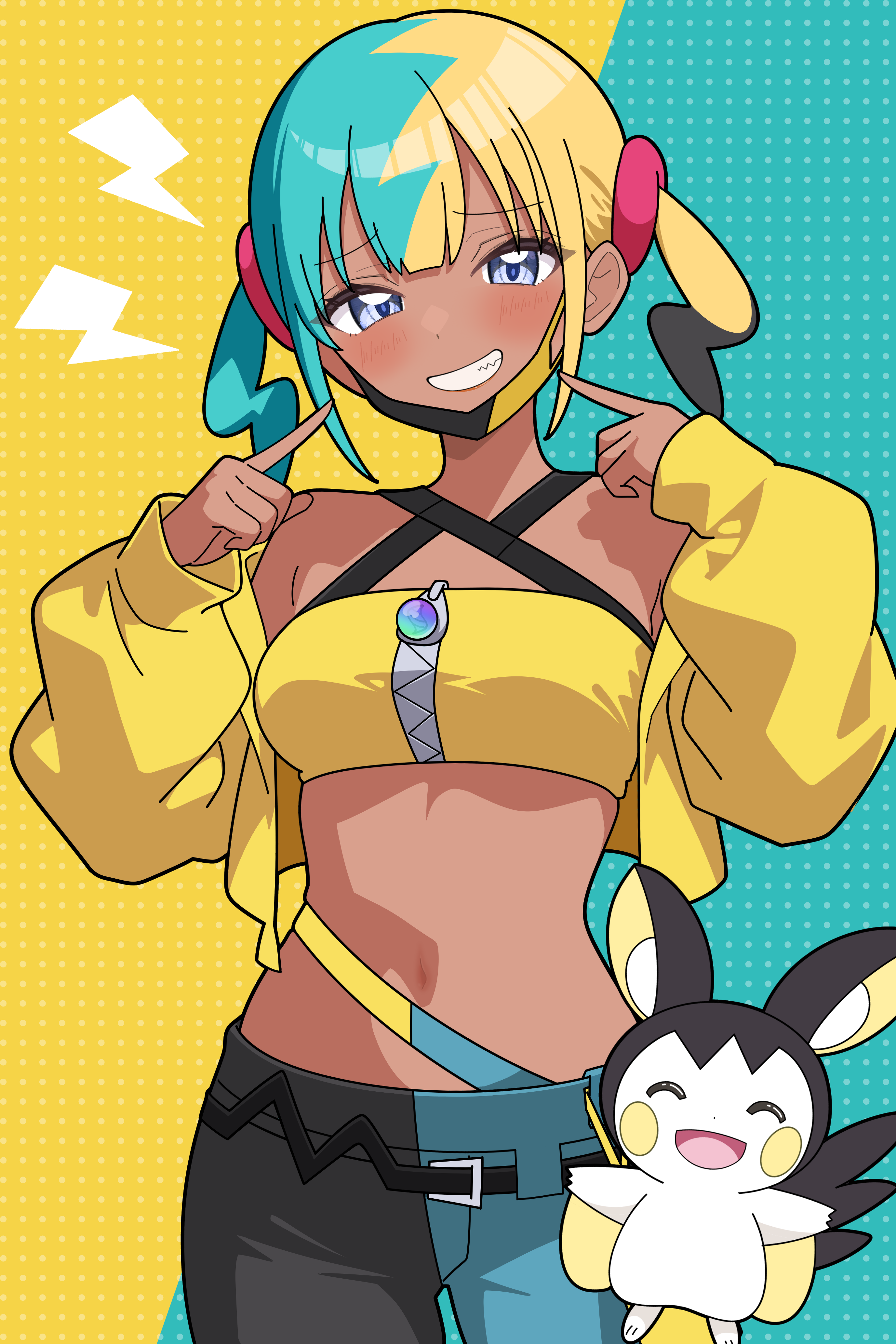 odorukaminoke, canari (pokemon), emolga, nintendo, pokemon, pokemon legends: z-a, absurdres, highres, 1girl, :d, ^ ^, aqua background, aqua hair, aqua pants, black hair, black mask, black pants, blonde hair, blue eyes, closed eyes, dark-skinned female, dark skin, gen 5 pokemon, grin, jacket, looking at viewer, mask, mask pull, mouth mask, navel, open mouth, pants, pokemon (creature), polka dot, polka dot background, smile, sports bra, standing, teeth, twintails, two-tone mask, two-tone pants, yellow background, yellow jacket, yellow mask, yellow sports bra