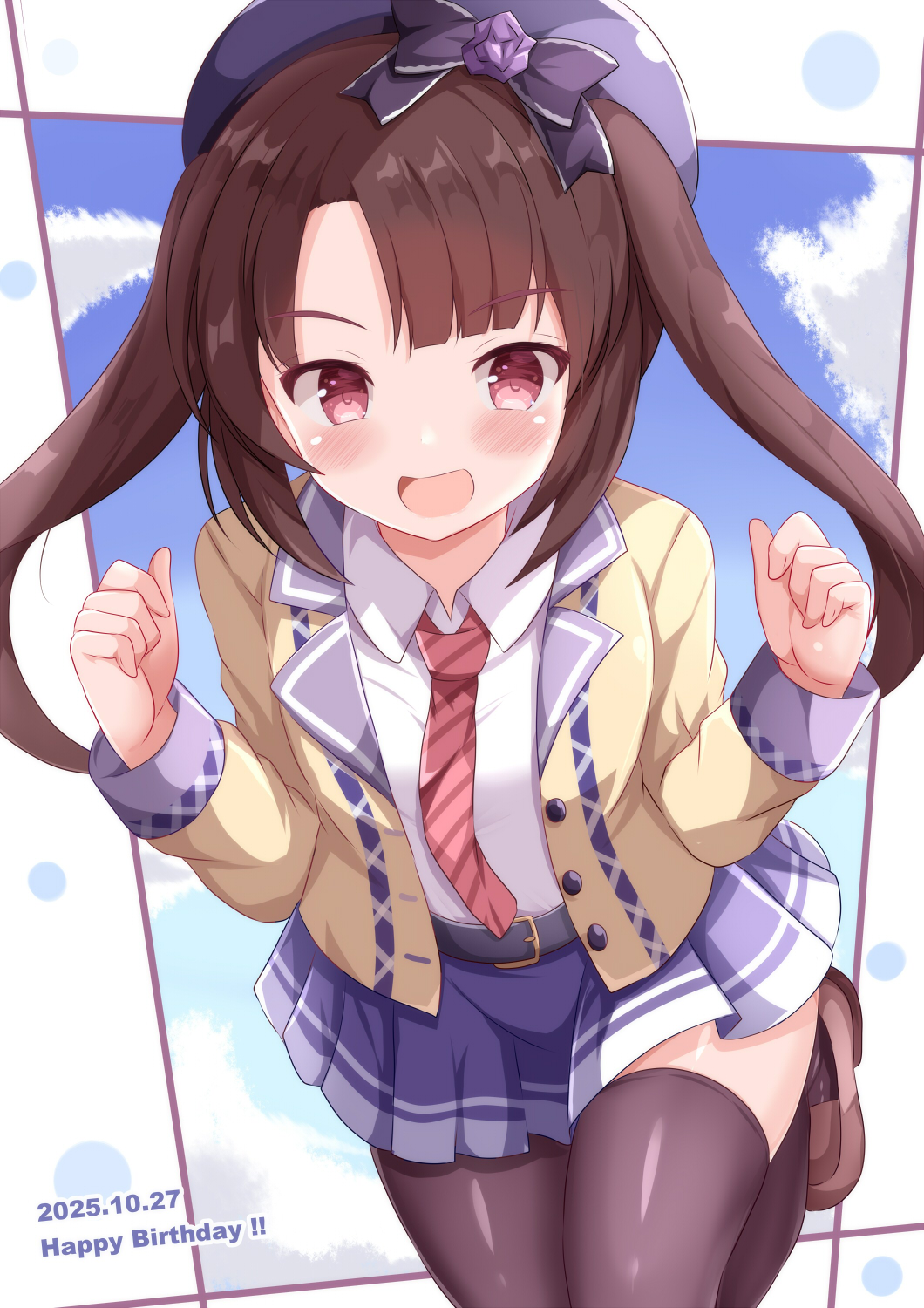 xenon (for achieve), shinonome tsumugi (ongeki), ongeki, commentary request, highres, 1girl, :d, belt, beret, black thighhighs, blue skirt, blue sky, blunt bangs, blush, bow, brown hair, brown jacket, brown shoes, brown thighhighs, clenched hands, cloud, collared shirt, dated, day, diagonal-striped clothes, diagonal-striped necktie, flower, hair bow, hands up, happy birthday, hat, jacket, loafers, long sleeves, looking at viewer, necktie, open clothes, open jacket, open mouth, pink necktie, pleated skirt, purple bow, purple flower, purple hat, purple rose, purple skirt, red eyes, red necktie, rose, school uniform, shirt, shoes, sidelocks, skirt, sky, smile, solo, standing, striped clothes, thighhighs, twintails, white background, white shirt, yellow jacket