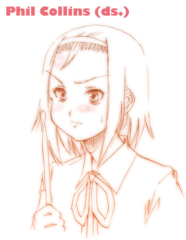 p.i.l., phil collins, tainaka ritsu, k-on!, lowres, 1girl, drumsticks, female focus, monochrome, parody, school uniform, solo, tomboy