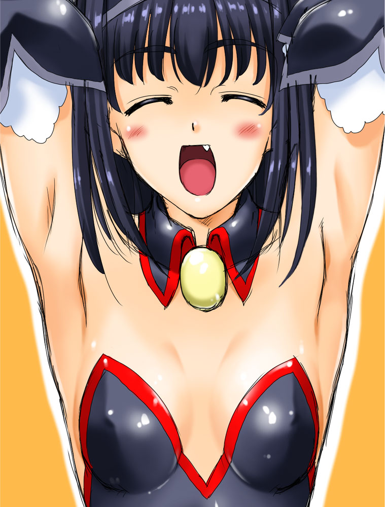 kamia (not found), akiba youko, higurashi no naku koro ni, original, angel mort, armpits, arms behind back, arms up, blush, breasts, closed eyes, cosplay, detached collar, fang, flat chest, solo