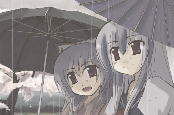 takuzui, fujiwara no mokou, kamishirasawa keine, touhou, 2girls, cherry blossoms, female focus, multiple girls, oil-paper umbrella, rain, smile, tree, umbrella