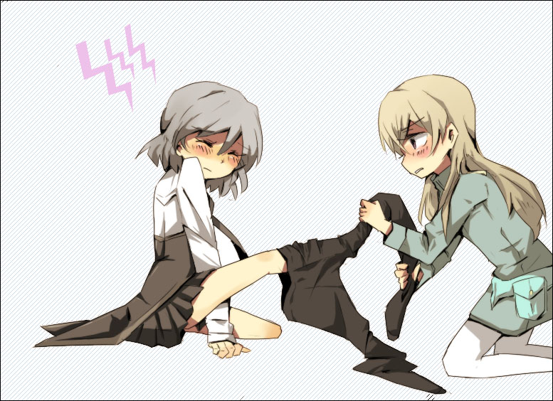 kiko (strategist), strategist, eila ilmatar juutilainen, sanya v. litvyak, strike witches, world witches series, silver hair, 00s, 2girls, black pantyhose, blush, closed eyes, clothes pull, military, military uniform, multiple girls, pantyhose, pantyhose pull, short hair, undressing, white pantyhose, yuri