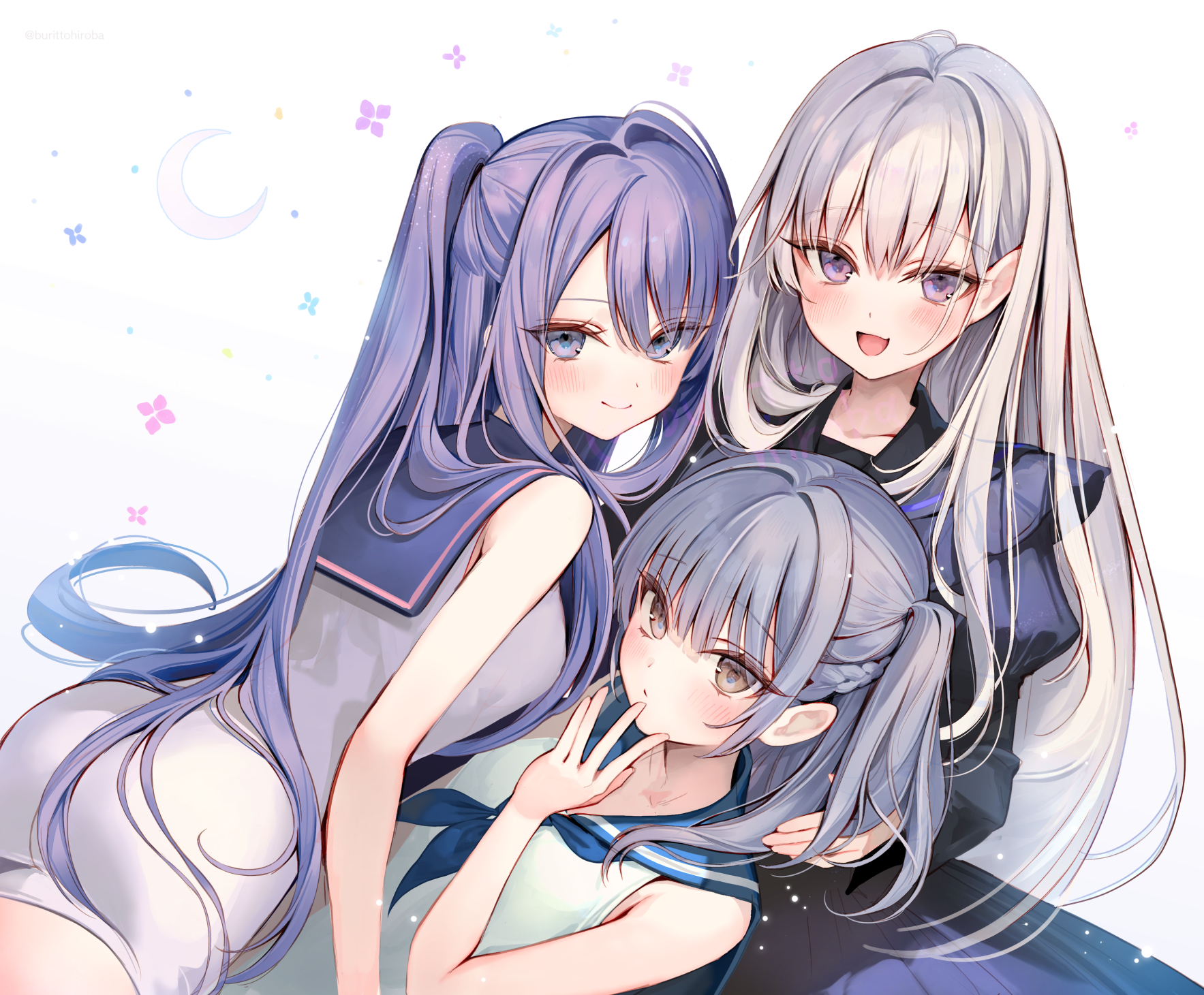 kouyafu, original, commentary request, highres, 3girls, :d, ass, black dress, black sailor collar, blue neckerchief, blue sailor collar, blush, braid, brown eyes, closed mouth, collarbone, crescent, dress, gradient background, grey background, grey hair, hair between eyes, juliet sleeves, long hair, long sleeves, multiple girls, neckerchief, one side up, open mouth, pointy ears, puffy sleeves, purple eyes, purple hair, sailor collar, sailor dress, smile, two side up, very long hair, white background, white dress