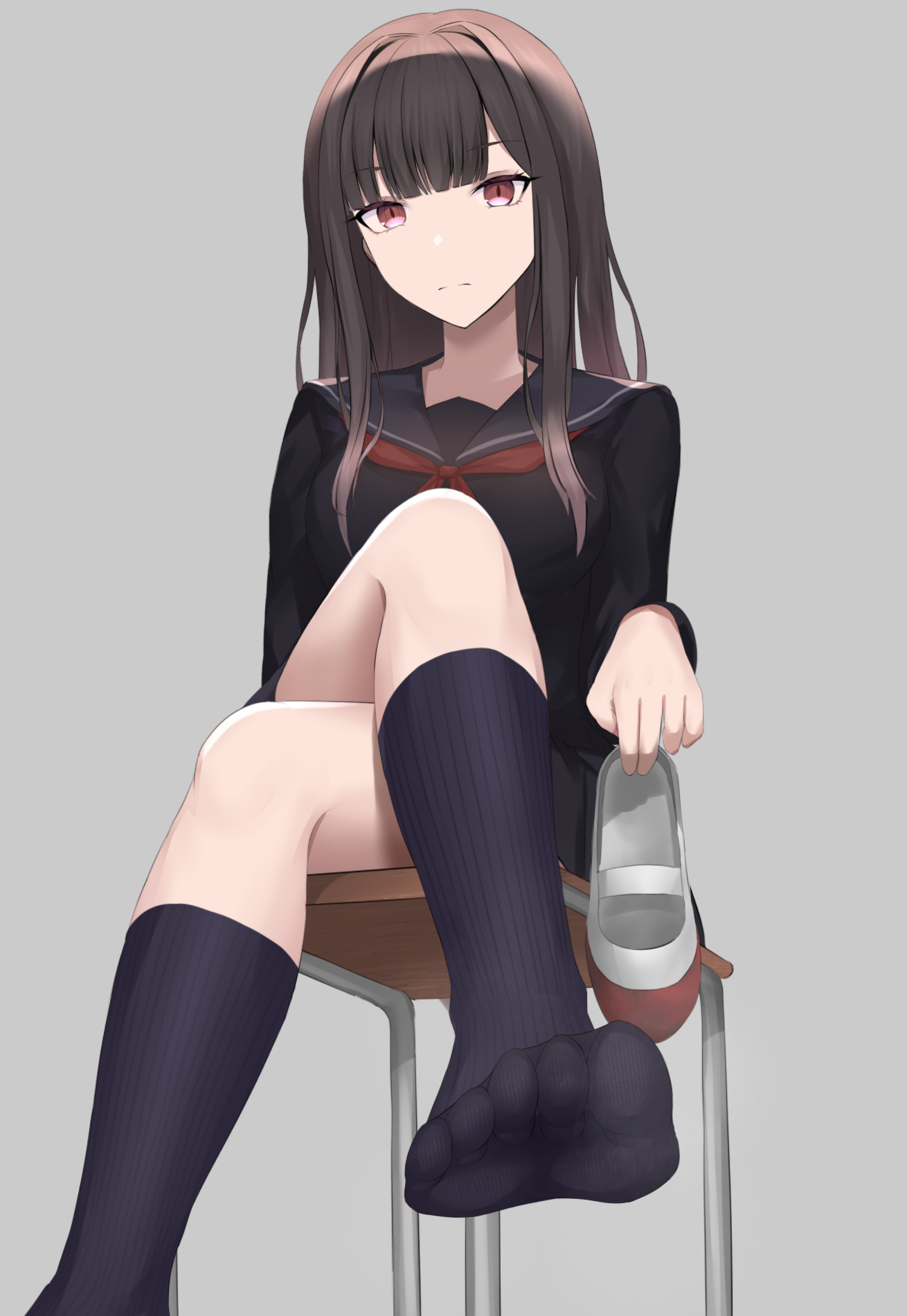 sajina, highres, 1girl, black serafuku, brown hair, chair, crossed legs, feet, long hair, looking at viewer, red eyes, school chair, school uniform, serafuku, shoes, socks, soles, steam, toes, unworn shoes, uwabaki