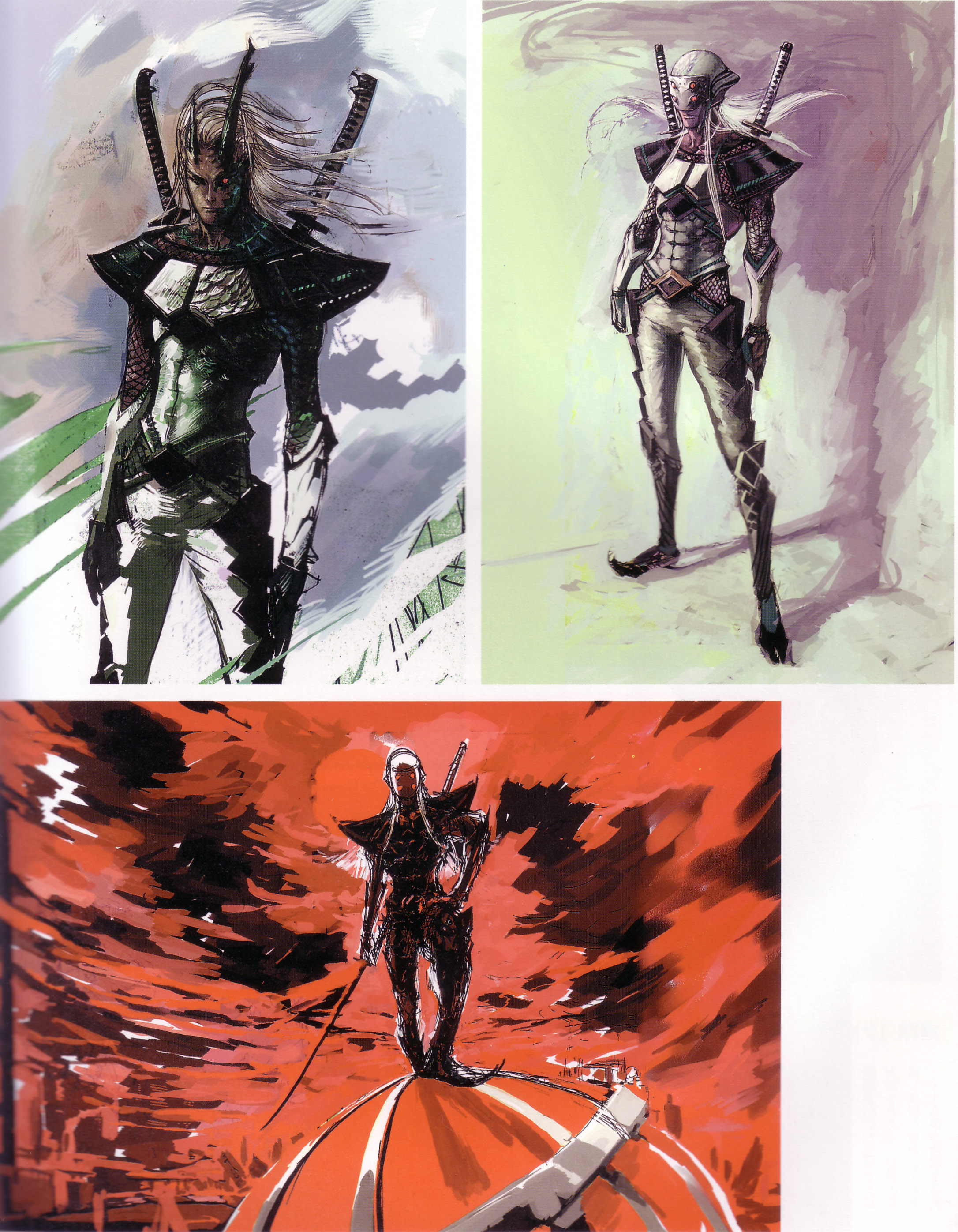 tsuchibayashi makoto, aomizuchi, moritsune, sega, shinobi (game), shinobi (ps2), shinobi (video game), absurdres, highres, official art, 1boy, horns, male focus, ninja, sword, weapon, white hair