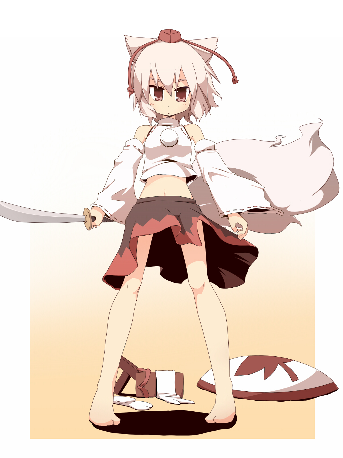 hujikok, miko machi, inubashiri momiji, touhou, colorized, highres, 1girl, animal ears, barefoot, female focus, geta, hat, midriff, shield, solo, sword, tengu-geta, tokin hat, weapon