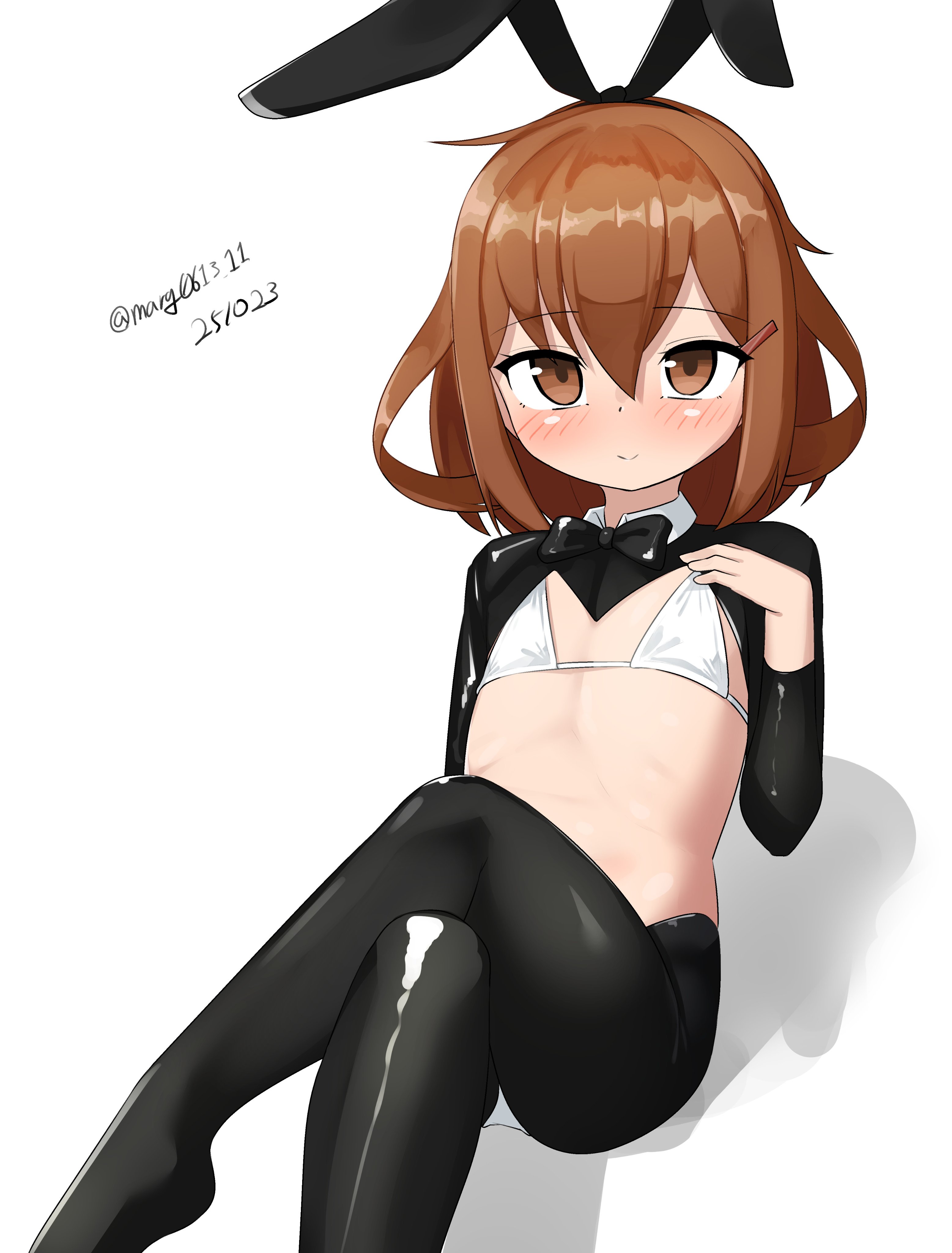 maru (marg0613), ikazuchi (kancolle), kantai collection, absurdres, highres, 1girl, animal ear hairband, animal ears, bikini, black bow, black bowtie, black hiphighs, black shrug, bow, bowtie, brown eyes, brown hair, dated, detached collar, fake animal ears, flat chest, hairband, hiphighs, one-hour drawing challenge, rabbit ears, reverse bunnysuit, reverse outfit, short hair, shrug (clothing), simple background, solo, swimsuit, twitter username, white background, white bikini, wrist cuffs