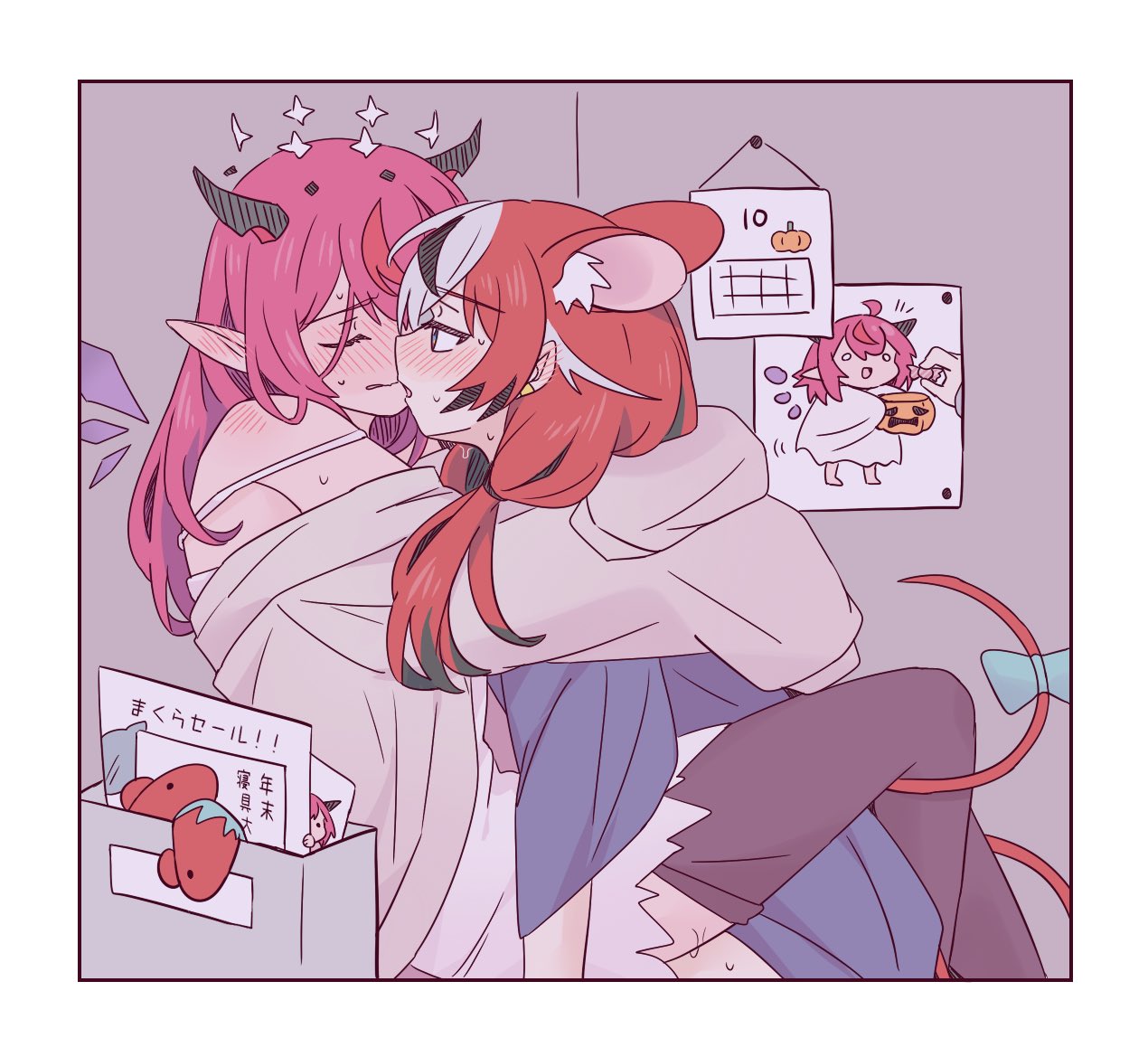 ramphastostella, hakos baelz, irys (hololive), hololive, hololive english, 2girls, animal ears, between legs, black streaks, black thighhighs, blush, calendar (object), ear blush, earclip, energy, grey sweater, halo, horns, long hair, mouse ears, mouse girl, mouse tail, multiple girls, open mouth, parted lips, pink hair, pointy ears, red hair, strap slip, sweat, sweater, tail, thighhighs, twintails, virtual youtuber, white streaks, yuri