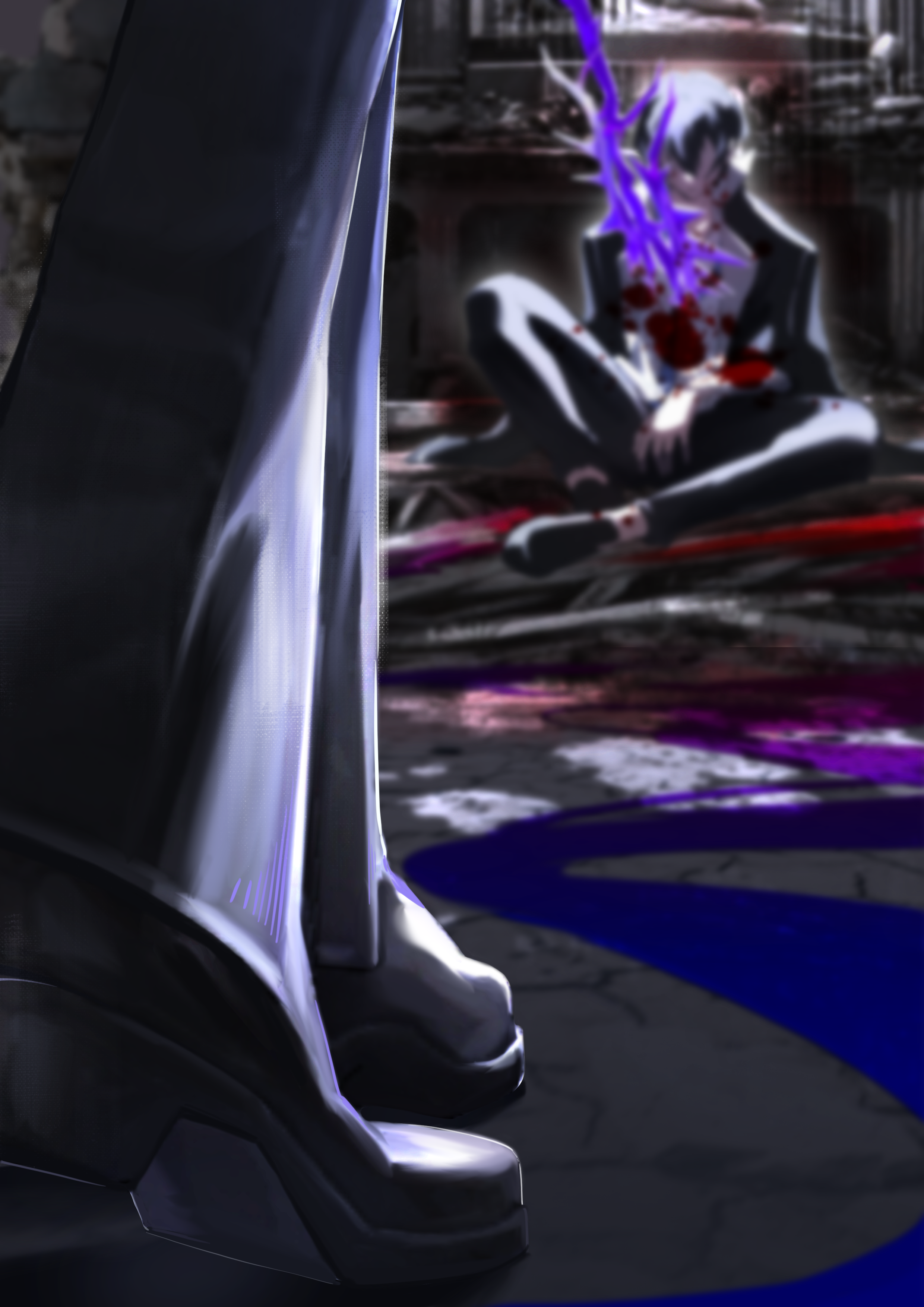 anz1105, commander (forever 7th capital), iscario (forever 7th capital), male commander (forever 7th capital), forever 7th capital, absurdres, highres, 2boys, black coat, black hair, black pants, black shoes, blood, blood on clothes, blood on face, blood splatter, blurry, blurry background, closed mouth, coat, death, grass, hair between eyes, implied murder, indoors, knee up, long sleeves, male focus, multiple boys, no eyes, on floor, out of frame, painting (object), pants, polearm, pool of blood, popped collar, shirt, shoes, short hair, sitting, solo focus, spear, stab, standing, walking, weapon, white shirt