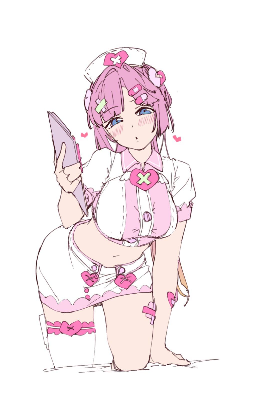 liz (piyoko piyop), anyoji hime, link! like! love live!, love live!, highres, 1girl, bandaid, bandaid hair ornament, bare arms, bent over, blue eyes, blush, breasts, clipboard, hair ornament, half-closed eyes, hat, heart, holding, holding clipboard, large breasts, long hair, looking at viewer, midriff, miniskirt, mira-cra park!, multicolored hair, navel, nurse cap, official alternate costume, on bed, parted lips, ponytail, single bare leg, single thighhigh, sketch, skirt, solo, thighhighs, thighs, two-tone hair, very long hair, vital sign (love live!), white background, white thighhighs, zettai ryouiki