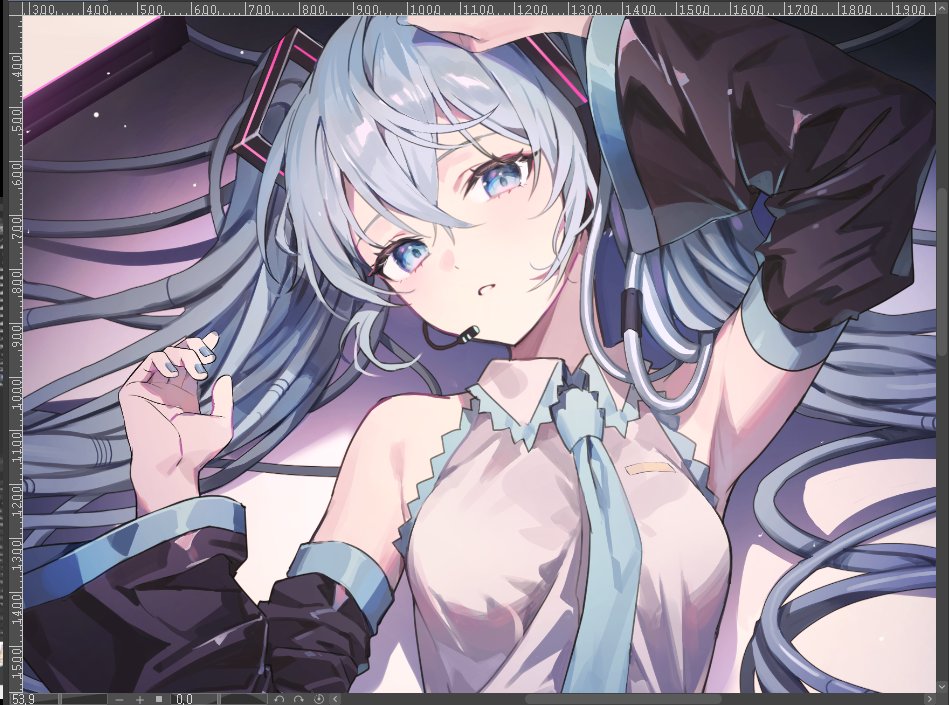 azit (down), hatsune miku, vocaloid, 1girl, aqua eyes, aqua hair, aqua nails, aqua necktie, aqua trim, arm up, armpits, breasts, collared shirt, detached sleeves, grey shirt, hair between eyes, hair ornament, headset, long hair, long sleeves, looking at viewer, lying, medium breasts, necktie, on back, open mouth, shirt, solo, twintails, upper body, very long hair