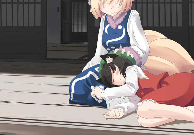 takuzui, chen, yakumo ran, touhou, hand on head, 2girls, animal ears, cat ears, cat girl, cat tail, closed eyes, female focus, fox tail, headpat, lap pillow, multiple girls, porch, sleeping, tail, veranda