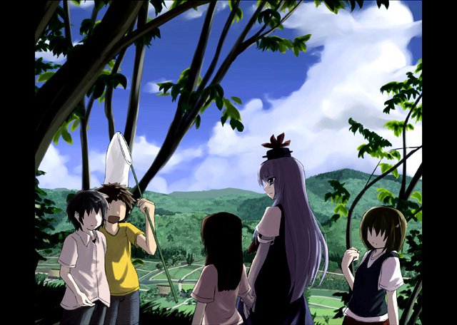 takuzui, kamishirasawa keine, touhou, 2boys, 3girls, butterfly net, child, hand net, mountain, multiple boys, multiple girls, nature, net, pillarboxed, rural, tree