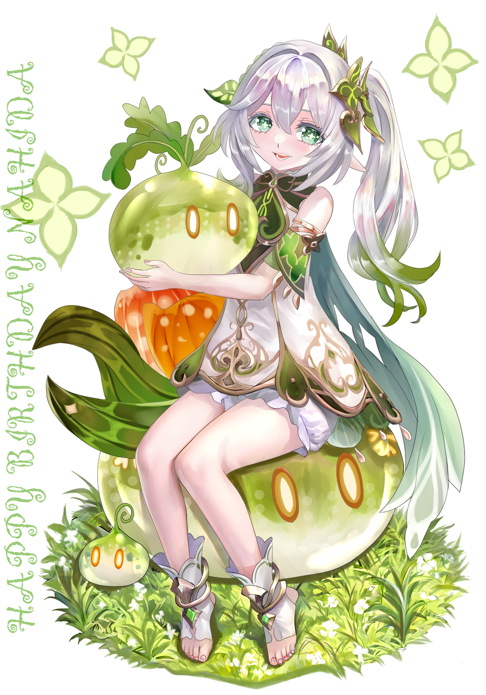 dendro slime (genshin impact), nahida (genshin impact), slime (genshin impact), genshin impact, commentary request, highres, 1girl, bare shoulders, bloomers, cross-shaped pupils, detached sleeves, dress, fingernails, full body, gold trim, gradient hair, green eyes, green hair, green sleeves, hair between eyes, hair ornament, hair tie, happy birthday, holding, leaf hair ornament, long hair, looking at viewer, miyashirokiyu, multicolored hair, parted lips, pointy ears, side ponytail, sitting, sleeveless, sleeveless dress, solo, stirrup legwear, symbol-shaped pupils, teeth, toeless legwear, toenails, underwear, white background, white bloomers, white dress, white hair