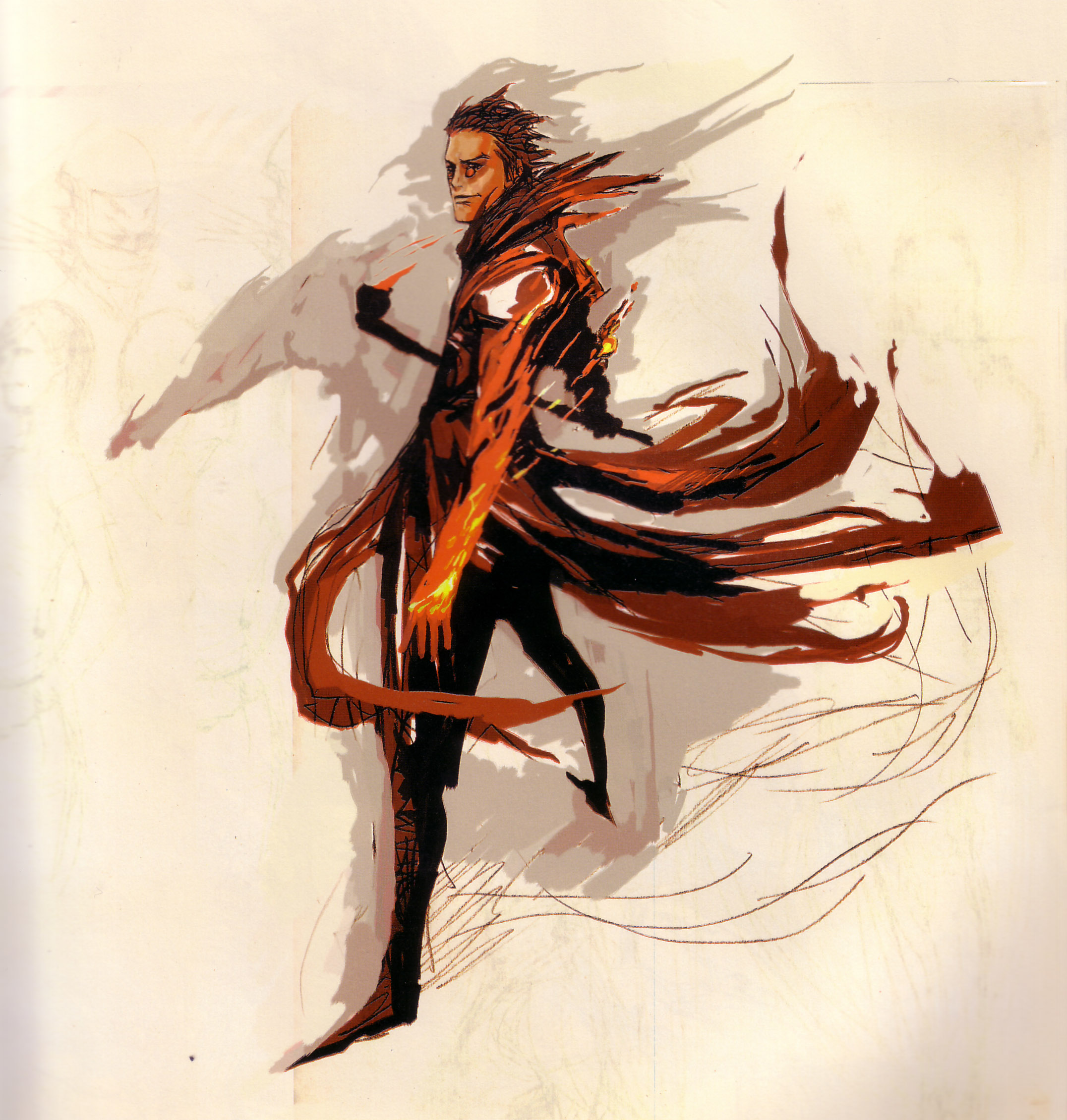 tsuchibayashi makoto, homura (shinobi (ps2)), sega, shinobi (game), shinobi (ps2), shinobi (video game), highres, official art, 1boy, fire, glasses, male focus, smoke, smoking pipe, solo