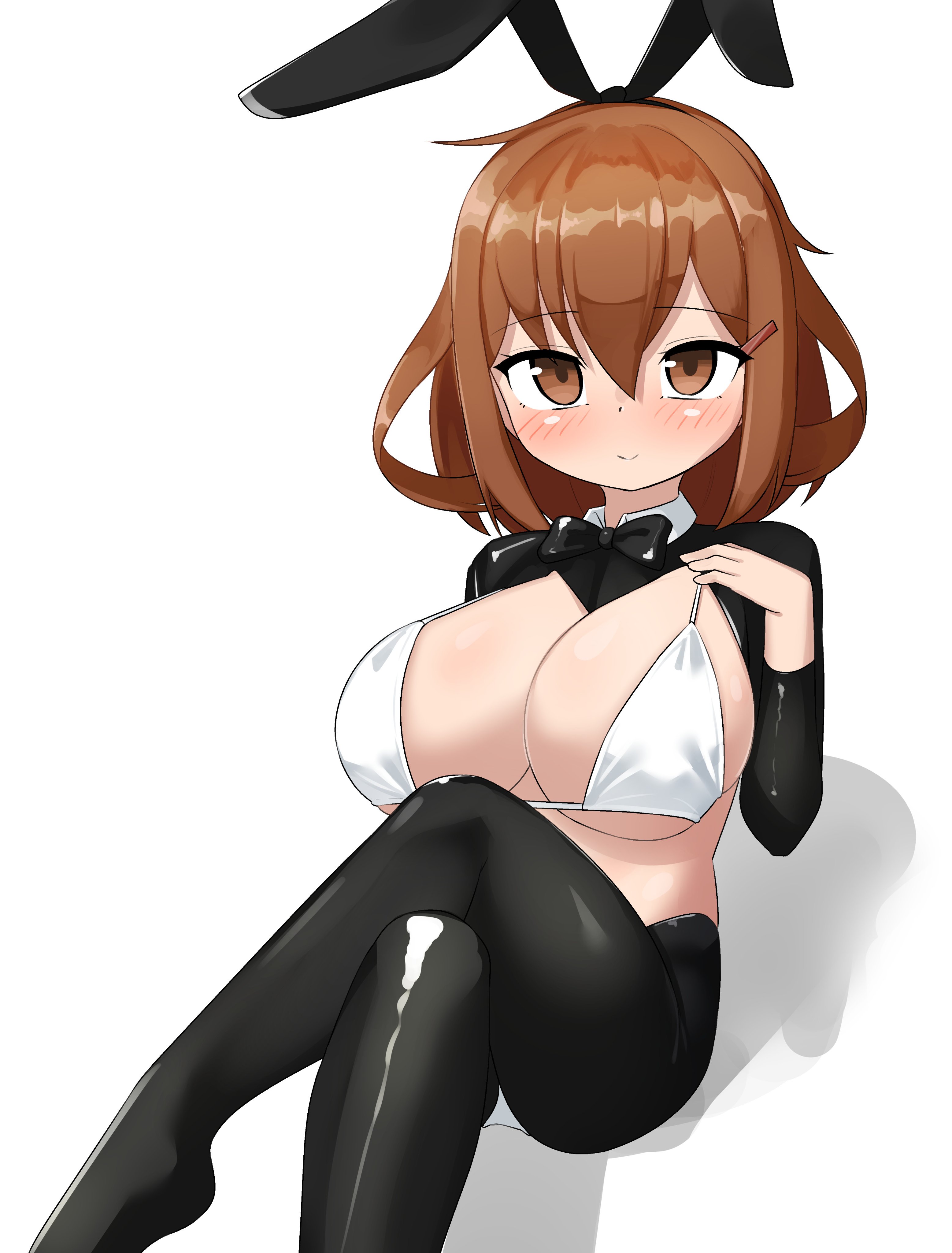 maru (marg0613), ikazuchi (kancolle), kantai collection, absurdres, highres, 1girl, alternate breast size (larger), animal ear hairband, animal ears, bikini, black bow, black bowtie, black hiphighs, black shrug, bow, bowtie, breasts, brown eyes, brown hair, cleavage, dated, detached collar, fake animal ears, hairband, hiphighs, large breasts, one-hour drawing challenge, rabbit ears, reverse bunnysuit, reverse outfit, short hair, shrug (clothing), simple background, solo, swimsuit, twitter username, white background, white bikini, wrist cuffs