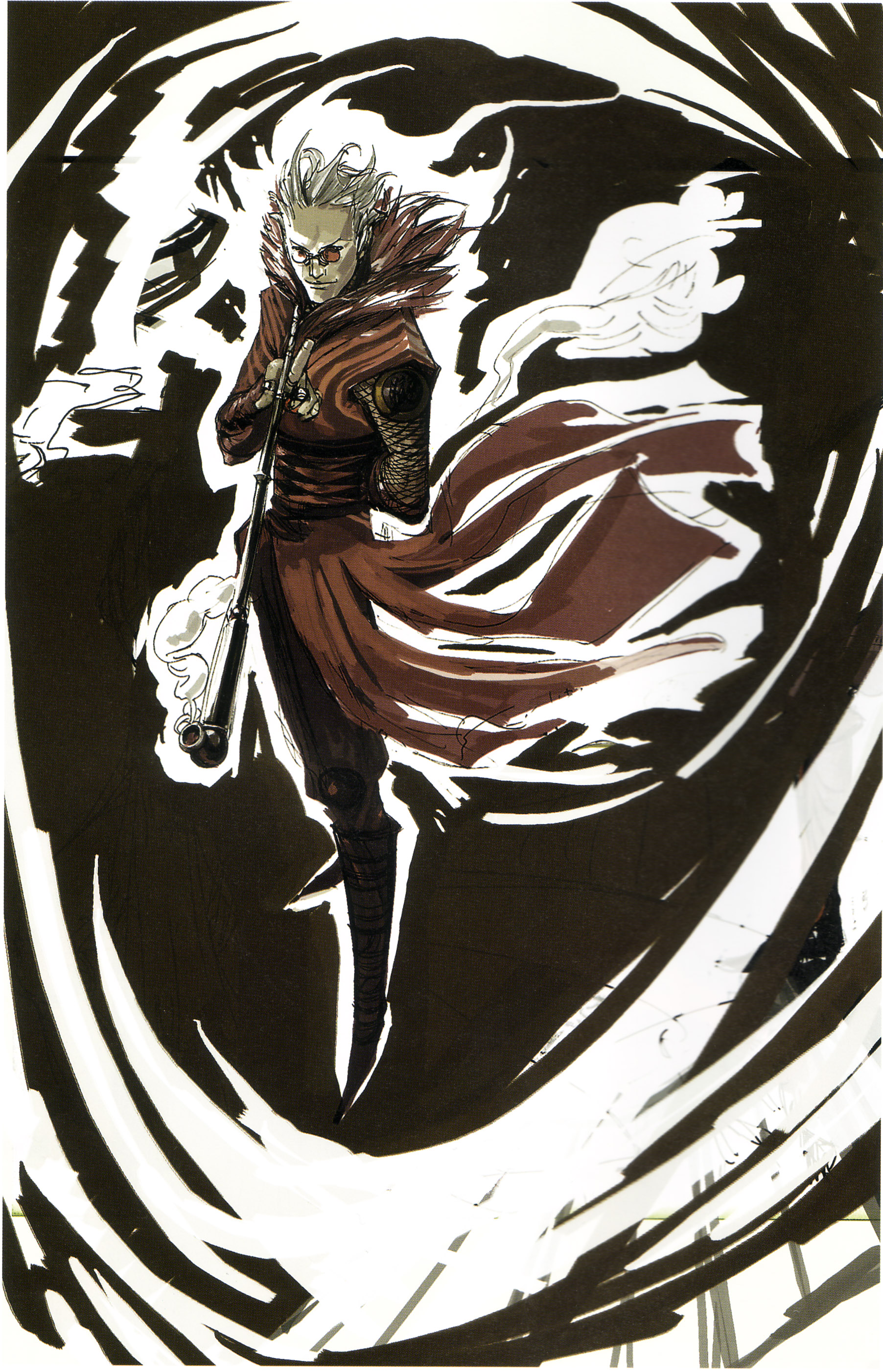 tsuchibayashi makoto, homura (shinobi (ps2)), sega, shinobi (game), shinobi (ps2), shinobi (video game), absurdres, highres, 1boy, arm behind back, glasses, male focus, round eyewear, simple background, smoke, smoking pipe, solo