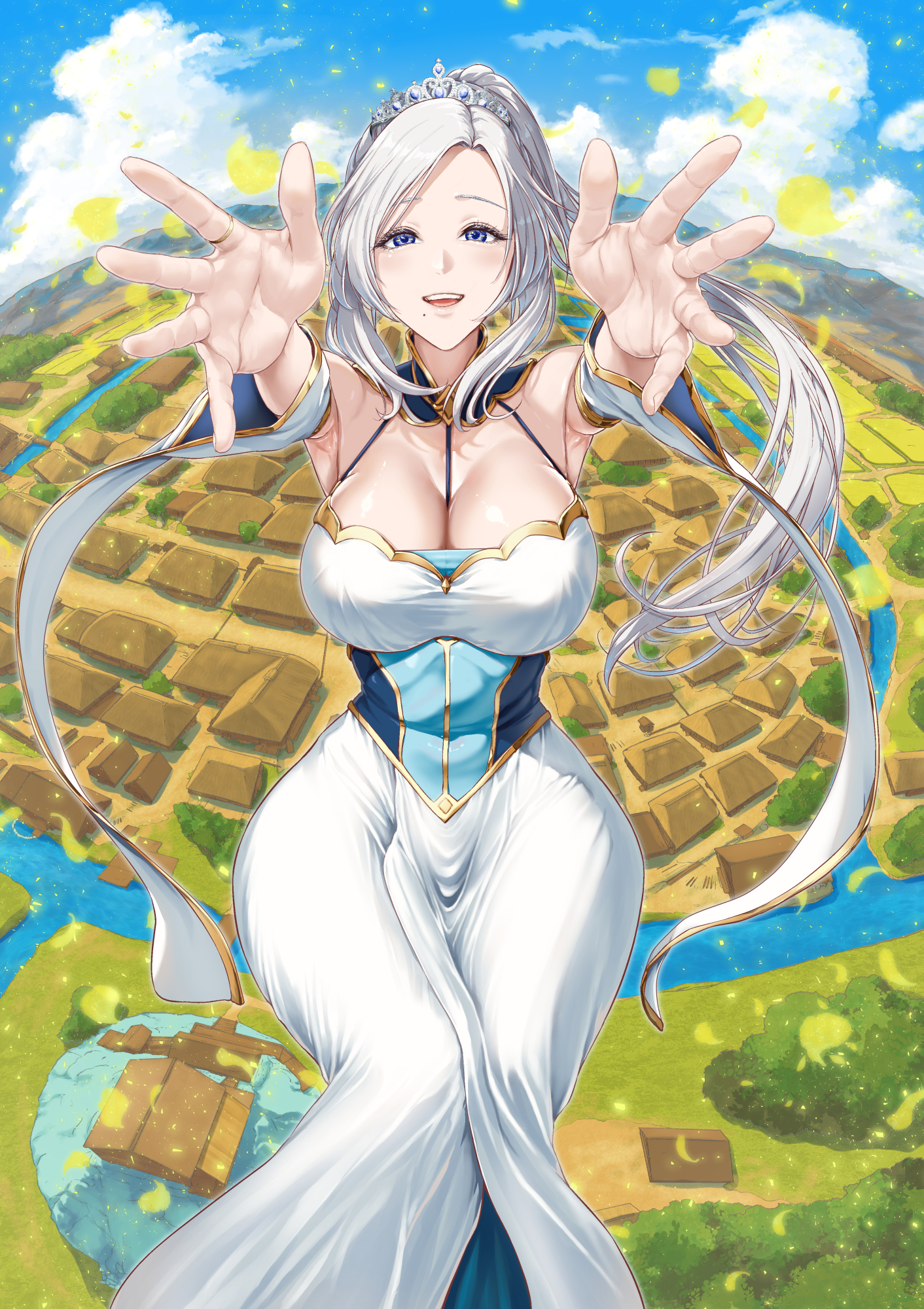 oikawa tooru, original, highres, 1girl, :d, armpits, blue eyes, blue sky, breasts, cleavage, cloud, covered navel, day, detached sleeves, dress, halterneck, large breasts, long hair, open mouth, outdoors, outstretched arms, ponytail, river, sky, smile, solo, standing, tiara, village, water, white dress, white hair, white sleeves