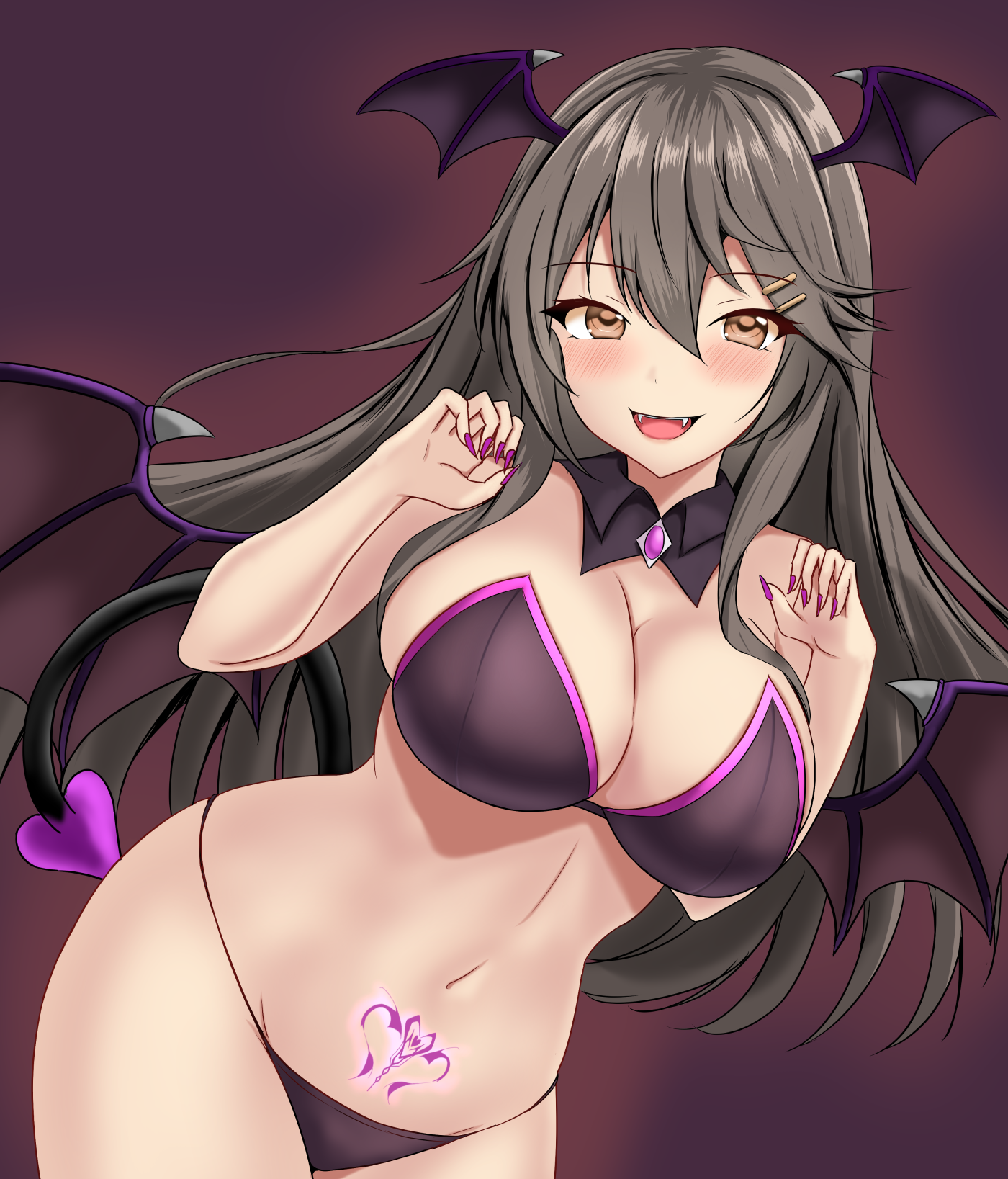 montemasa, haruna (kancolle), kantai collection, highres, 1girl, black hair, black panties, breasts, corset, demon horns, demon tail, demon wings, detached collar, fake tail, hair ornament, hairband, halloween costume, head wings, horns, large breasts, long hair, panties, stomach tattoo, tail, tattoo, underwear, vampire, wings