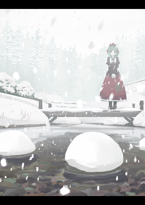 takuzui, kagiyama hina, touhou, 1girl, bridge, female focus, letterboxed, nature, snow, snowing, solo, stream, water