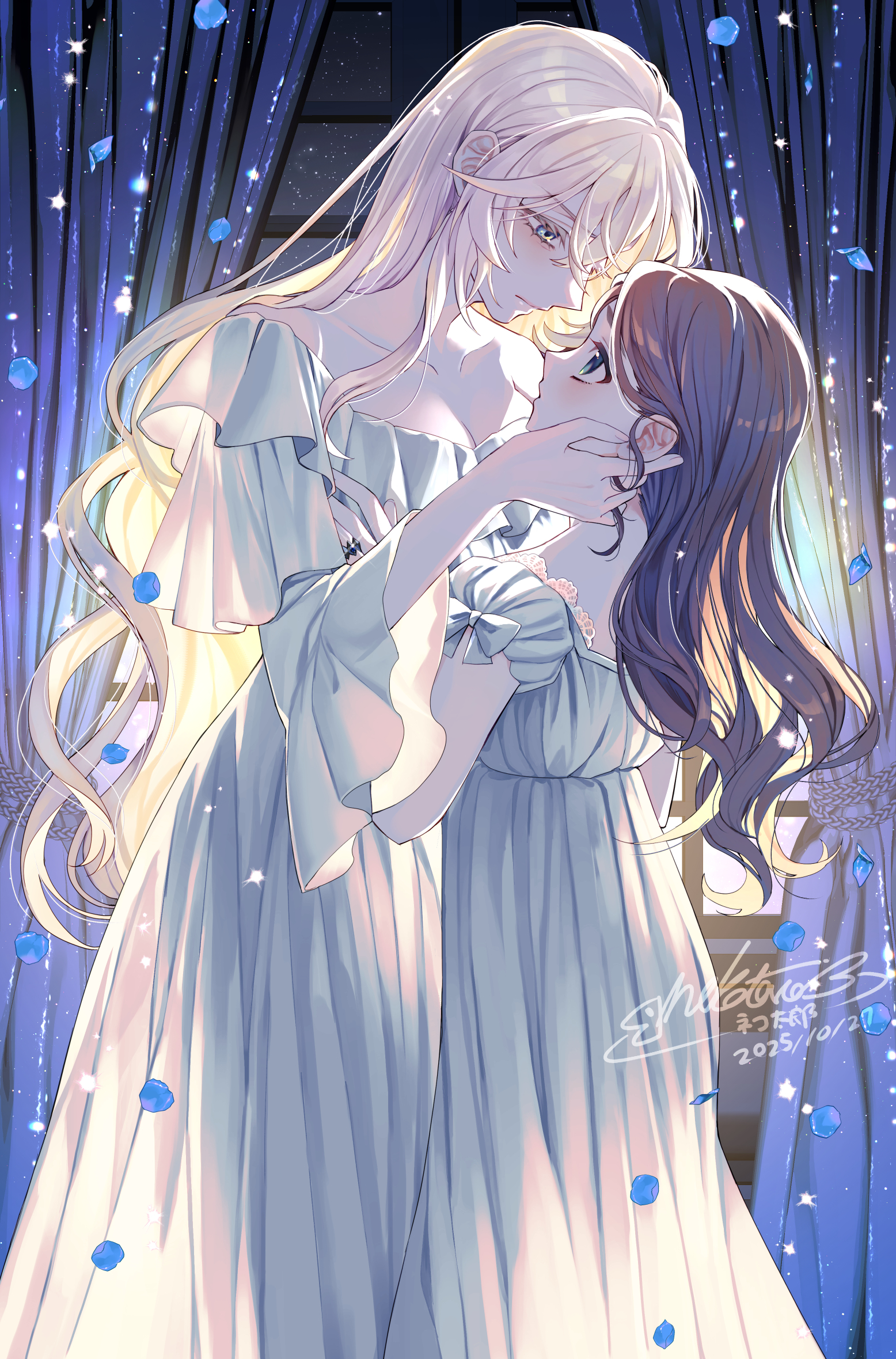 shinonome neko-tarou, lapis tenebrae, natori midori, genkai ol-san wa akuyaku reijou-sama ni tsukaetai, commentary request, highres, 2girls, blonde hair, blue eyes, blush, breasts, brown hair, closed mouth, collarbone, grabbing another's chin, hand on another's chin, height difference, holding, lingerie, long hair, looking at another, looking down, looking up, multiple girls, negligee, nightgown, see-through clothes, sleepwear, title, underwear, white nightgown, yuri