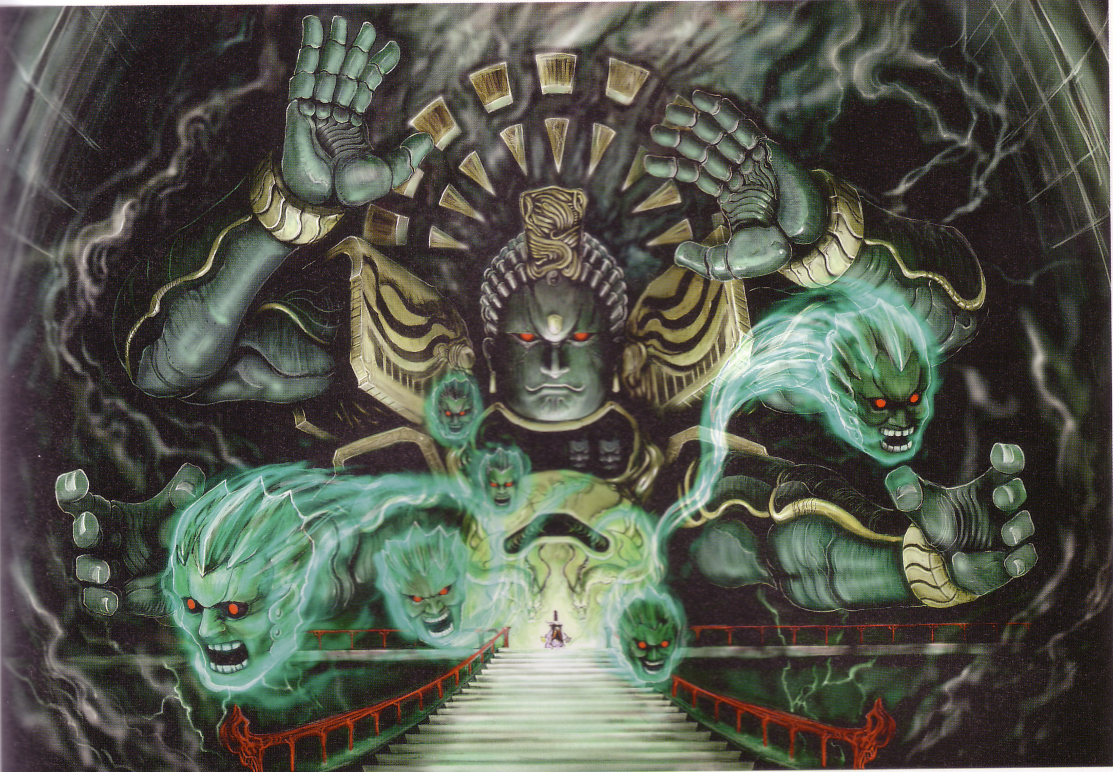 tsuchibayashi makoto, ubutsuna hiruko, yatsuraou, sega, shinobi (game), shinobi (ps2), shinobi (video game), highres, official art, bridge, extra arms, fire, floating, levitation, magic, mecha, monster, palms, red eyes, robot, stairs