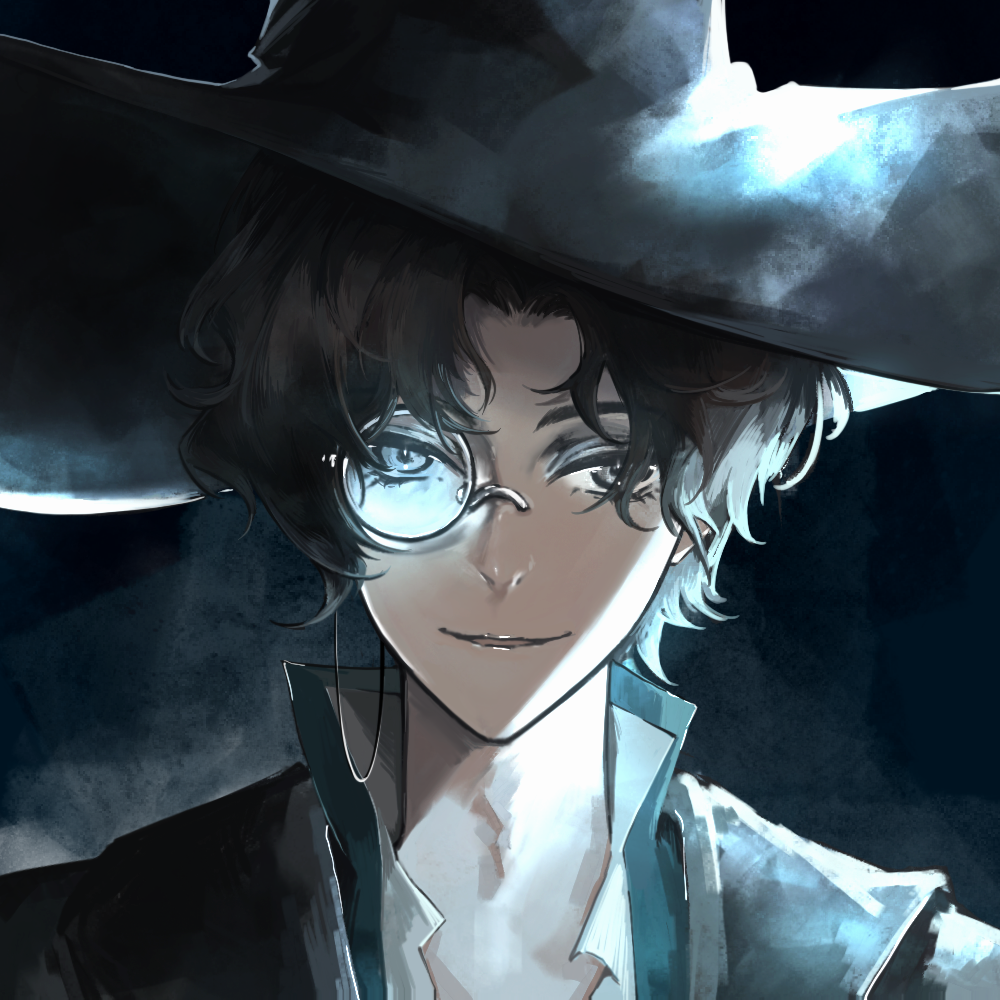 anz1105, amon (lord of the mysteries), lord of the mysteries, chinese commentary, 1boy, black background, black hair, black hat, black jacket, curtained hair, grey eyes, hat, jacket, looking at viewer, male focus, monocle, monocle chain, parted bangs, parted lips, popped collar, portrait, shirt, short hair, smile, solo, straight-on, wavy hair, white shirt, witch hat