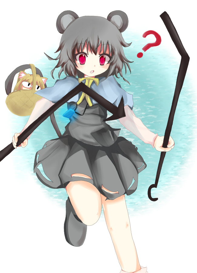 mikan ame, nazrin, neco-arc, touhou, tsukihime, 00s, ?, animal ears, basket, blonde hair, cat ears, cat tail, chibi, crossover, grey hair, jewelry, mouse (animal), mouse ears, mouse tail, pendant, pointy ears, red eyes, short hair, tail