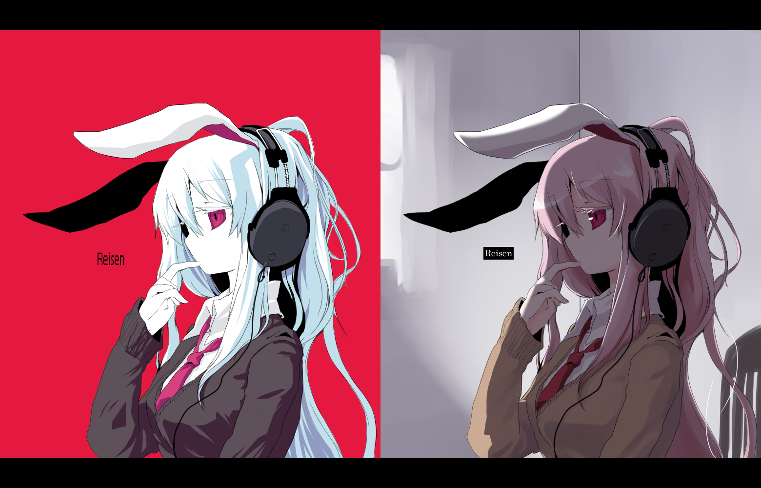 azuma seiji, takuzui, reisen udongein inaba, touhou, 1girl, alphes (style), animal ears, female focus, finger to mouth, headphones, letterboxed, necktie, parody, pink eyes, pink hair, rabbit ears, solo, style parody