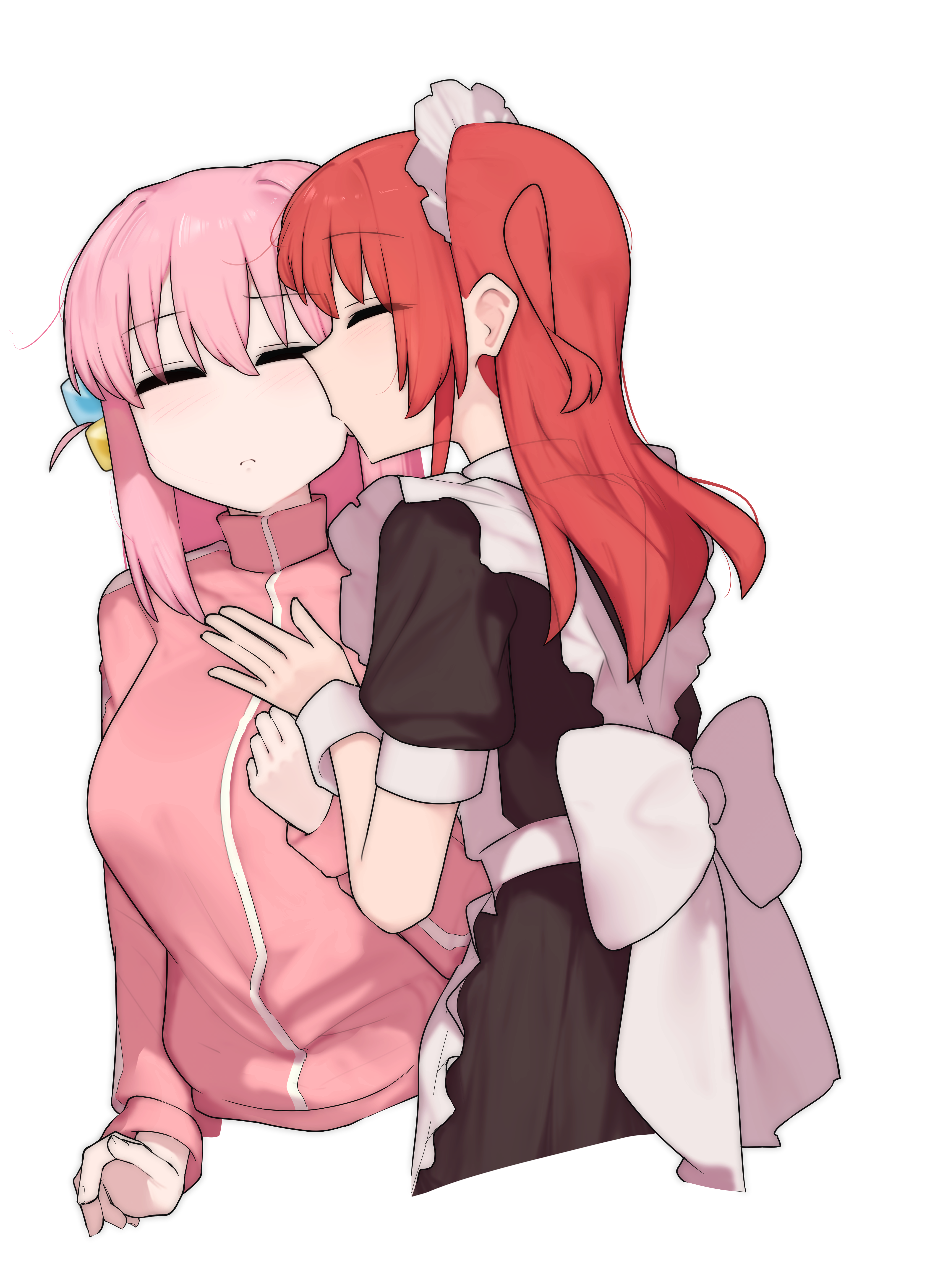 finerain, gotoh hitori, kita ikuyo, bocchi the rock!, absurdres, commentary, highres, 2girls, apron, black dress, closed eyes, closed mouth, cube hair ornament, dress, hair ornament, hand on another's chest, jacket, kiss, kissing cheek, maid, maid apron, maid headdress, multiple girls, one side up, pink hair, pink jacket, red hair, simple background, track jacket, white apron, white background, white headdress, yuri