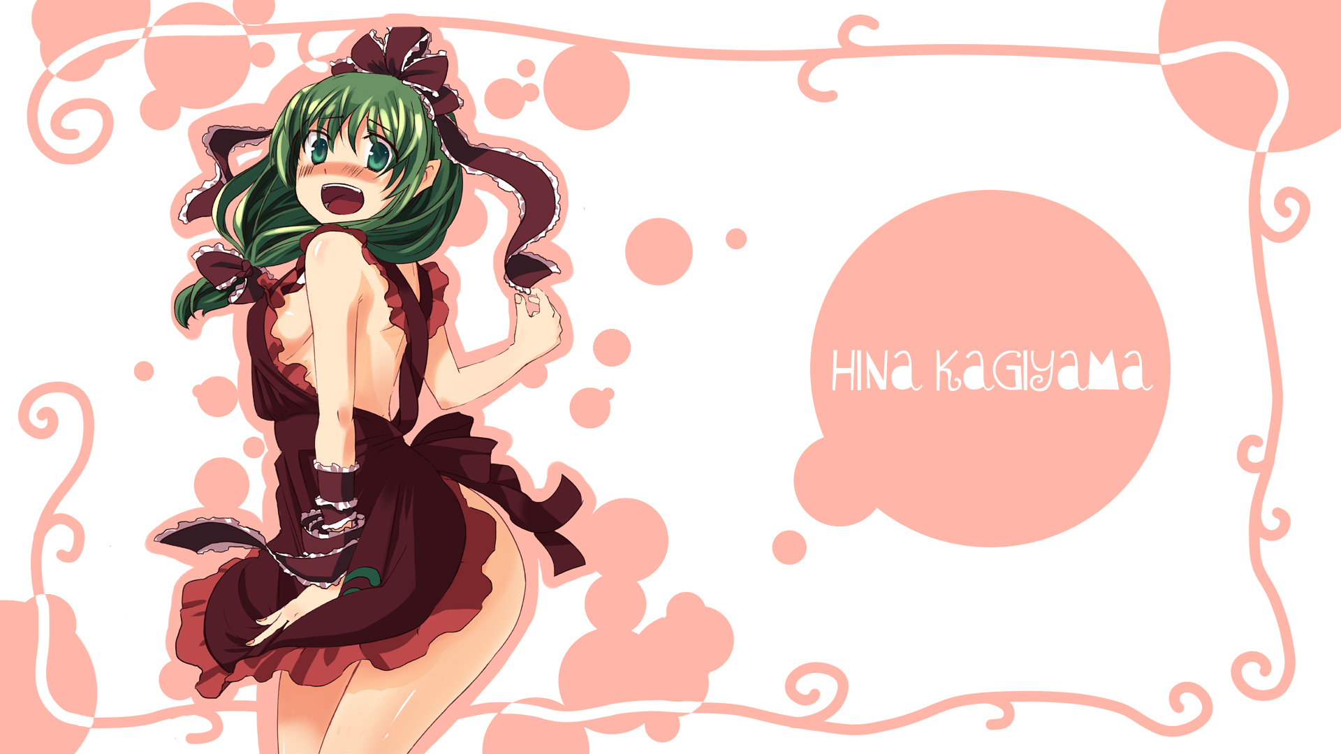 takuzui, kagiyama hina, touhou, highres, 1girl, apron, blush, breasts, embarrassed, female focus, green eyes, green hair, matching hair/eyes, naked apron, open mouth, sideboob, solo