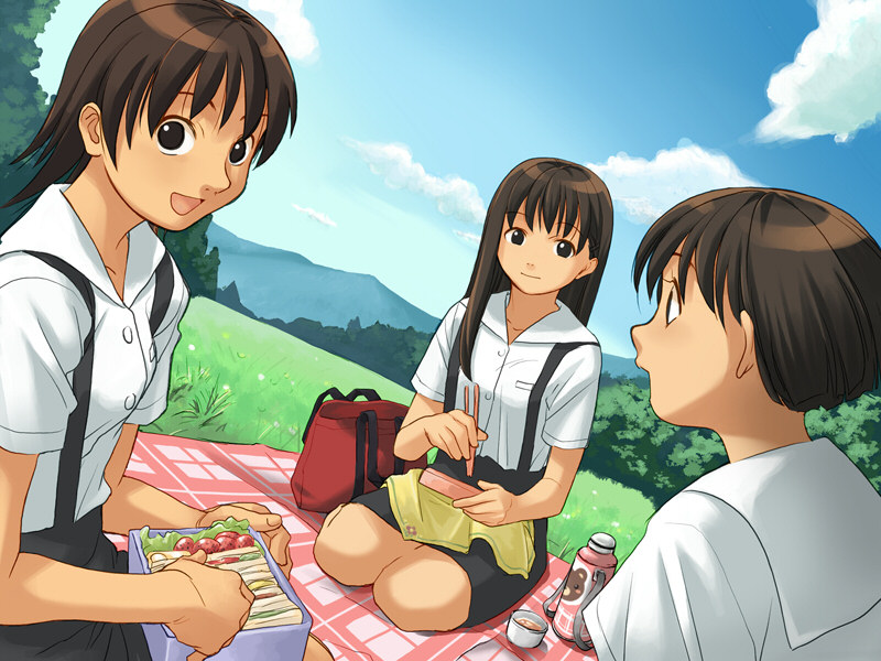 takamichi, homura yuuka, matsukura ai, yoshino amane, hate shinaku aoi kono sora no shita de…., 3girls, bento, cloud, day, kneeling, multiple girls, nature, picnic, scenery, school uniform, shirt, sky, smile, white shirt
