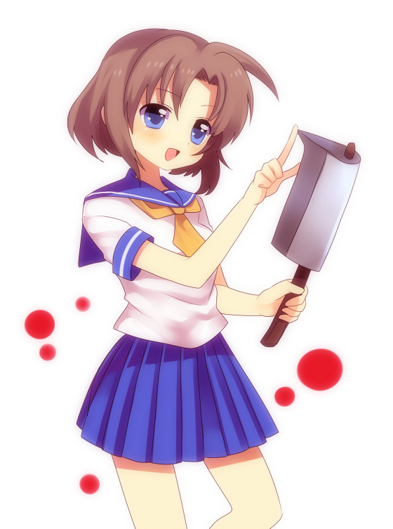 subaru (yachika), ryuuguu rena, higurashi no naku koro ni, 00s, 1girl, billhook, blue eyes, brown hair, female focus, hashitsuki nata, hatchet, nata (tool), school uniform, short hair, solo