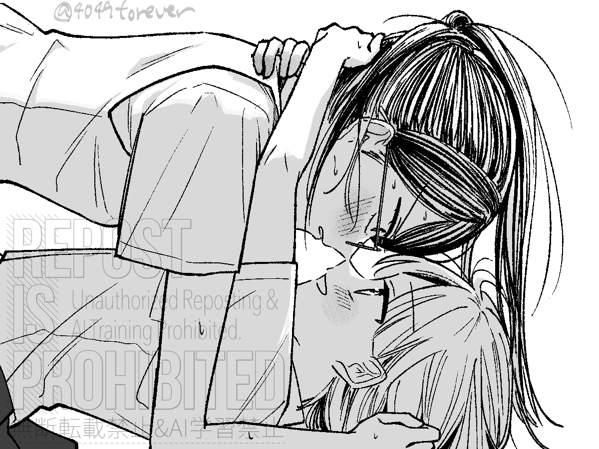 original, commentary, 2girls, arms around neck, blush, eye contact, glasses, greyscale, looking at another, monochrome, multiple girls, parted lips, school uniform, short sleeves, smile, sweat, twitter username, watermark, yomogimochi (4049forever), yuri