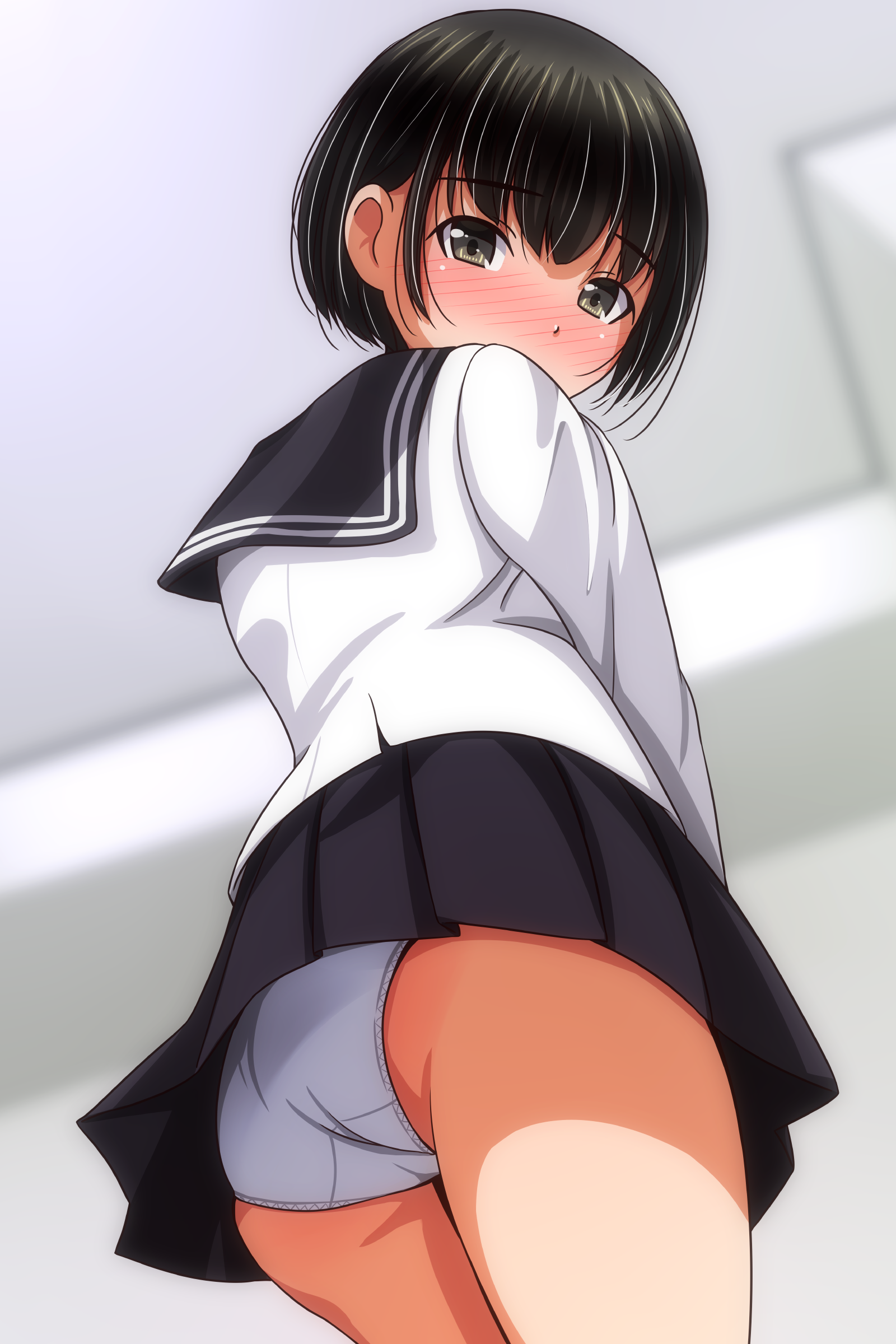 matsunaga kouyou, original, absurdres, highres, 1girl, ass, black hair, black sailor collar, black skirt, blurry, blurry background, blush, brown eyes, from behind, indoors, long sleeves, looking at viewer, panties, pleated skirt, sailor collar, school uniform, shirt, short hair, sidelocks, skirt, solo, standing, underwear, upskirt, white panties