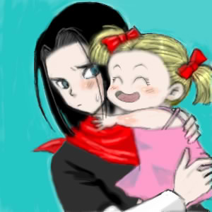 amaguri, android 17, marron (dragon ball), dragon ball, dragonball z, lowres, 1boy, 1girl, bandana, blonde hair, blush, bow, child, closed eyes, family, hair bow, hug, smile, twintails, uncle and niece