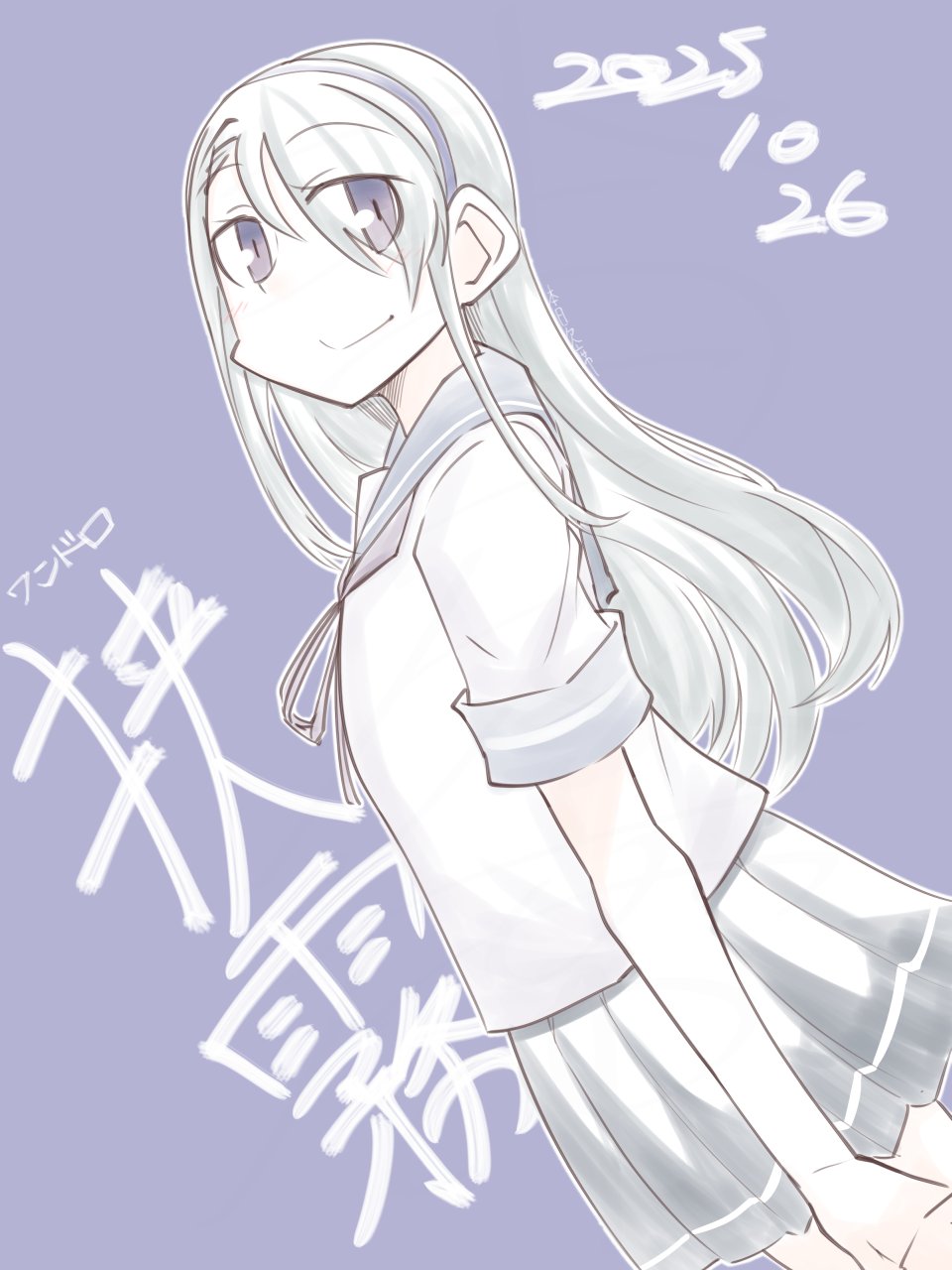 honketsu, sagiri (kancolle), kantai collection, highres, 1girl, character name, dated, grey hair, grey sailor collar, grey skirt, hair between eyes, hairband, one-hour drawing challenge, pleated skirt, purple background, purple eyes, purple hairband, sailor collar, school uniform, serafuku, short sleeves, skirt, smile, solo