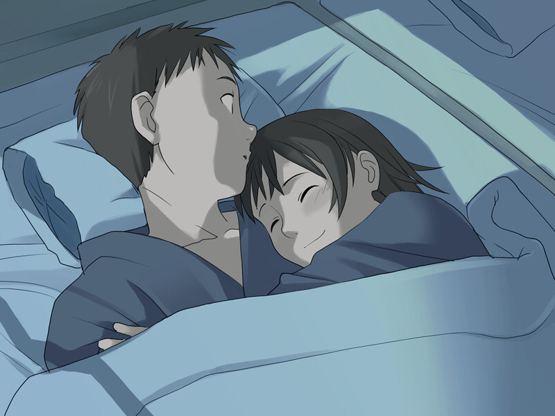 takamichi, homura yuuka, kaida masashi, hate shinaku aoi kono sora no shita de…., 1boy, 1girl, blue theme, closed eyes, futon, hug, lying, muted color, night, pillow, short hair, smile