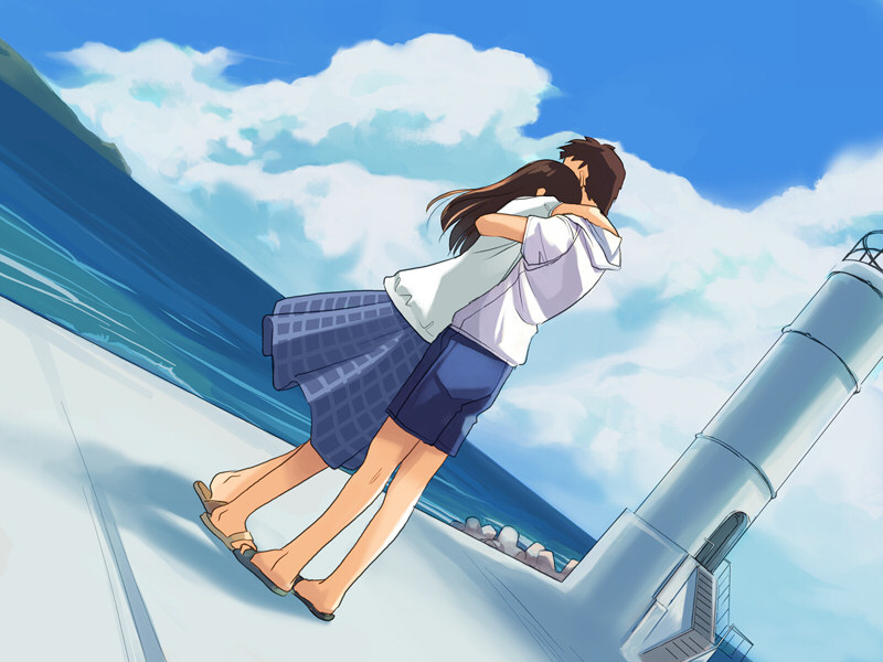takamichi, kaida masashi, yoshino amane, hate shinaku aoi kono sora no shita de…., 1boy, 1girl, brown hair, cloud, day, hetero, hood, hoodie, hug, lighthouse, long hair, ocean, outdoors, plaid clothes, plaid skirt, sandals, shoes, shorts, skirt, sky, standing, water